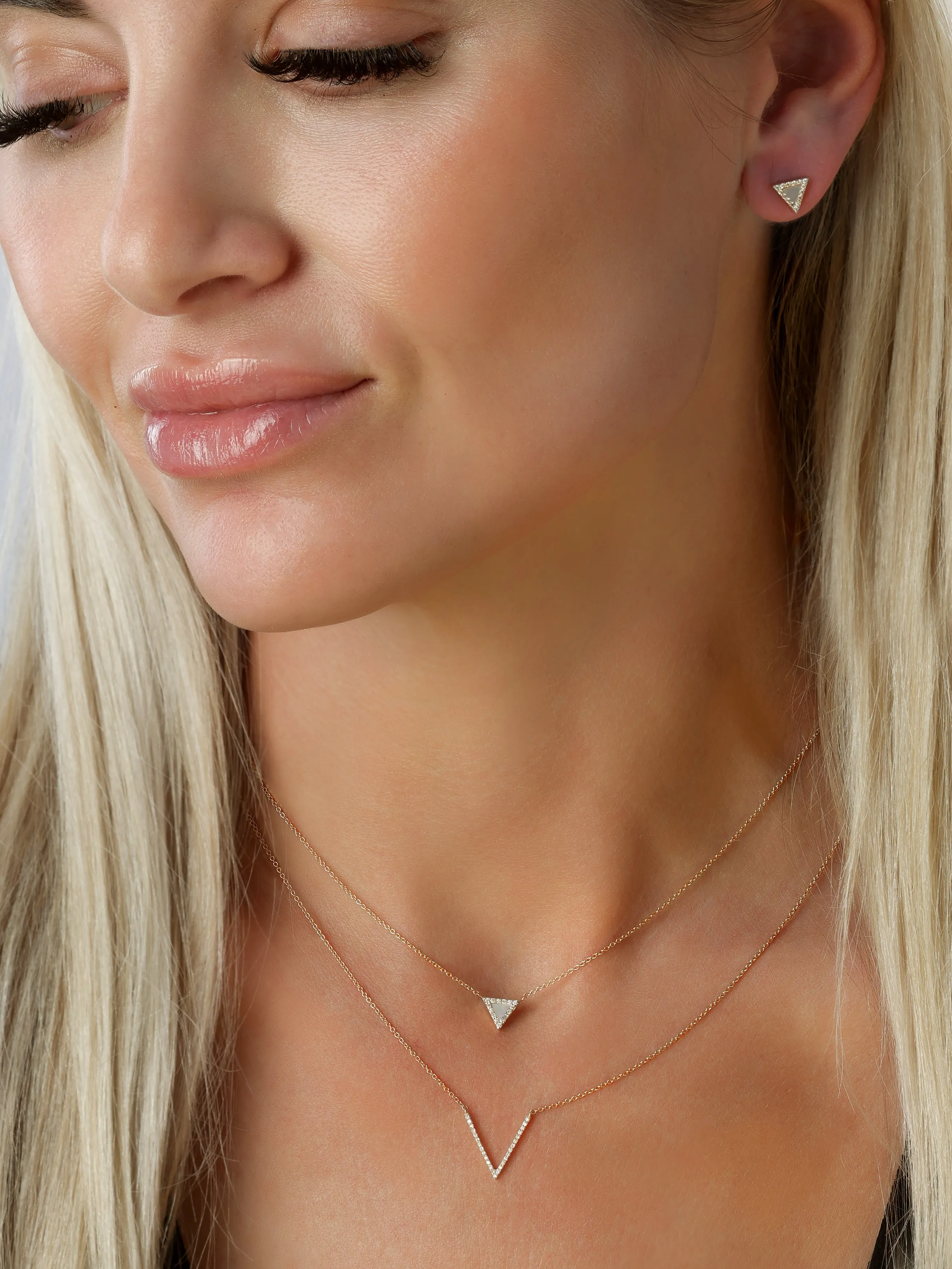 14k Yellow Gold Diamond Mother of Pearl Triangle Necklace