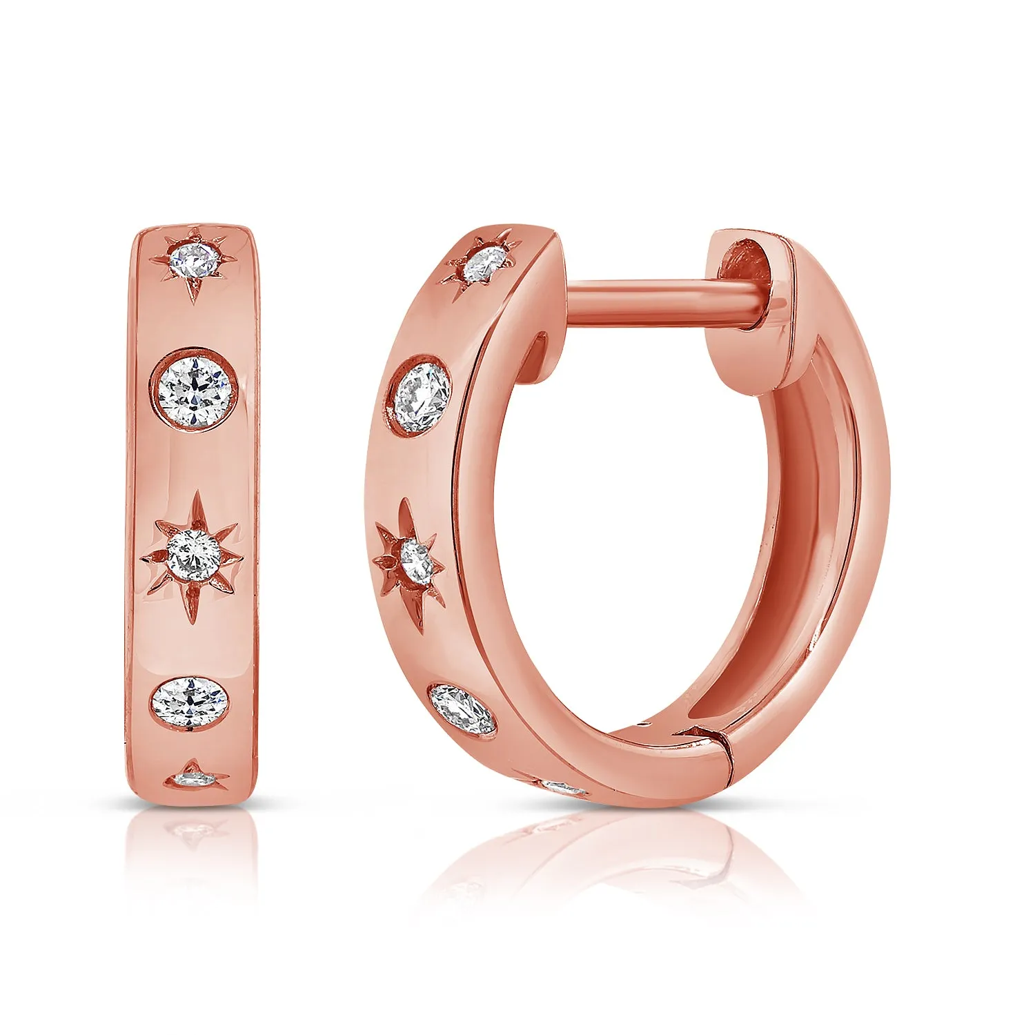 14K Yellow Gold Diamond Star Huggie Earrings