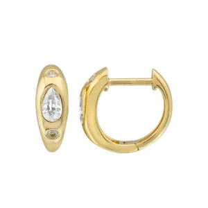 14K Yellow Gold Diamond   White Topaz Huggie Earrings