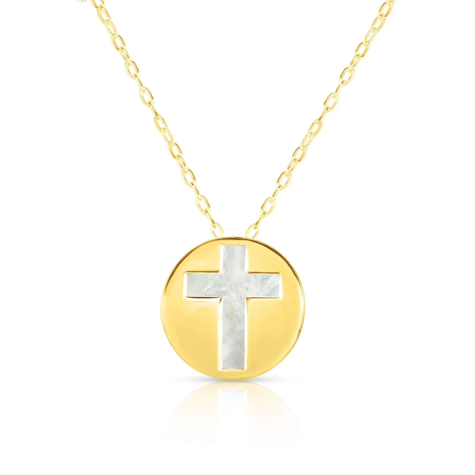 14kt Gold 16 inches Yellow Finish Chain:0.8mm Center Round Pendant:11mm Shiny Fancy Necklace with 1 inches Extender Spring Ring Clasp with  Mother of Pearl Cross