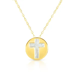 14kt Gold 16 inches Yellow Finish Chain:0.8mm Center Round Pendant:11mm Shiny Fancy Necklace with 1 inches Extender Spring Ring Clasp with  Mother of Pearl Cross
