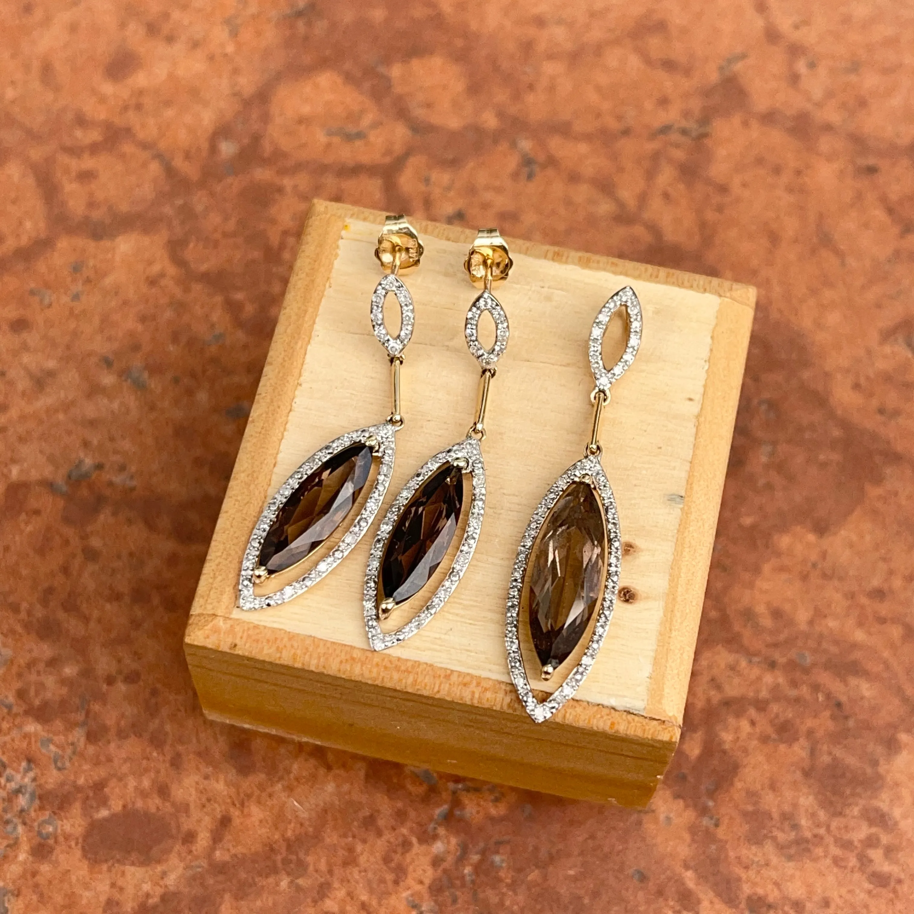 14KT White Gold   Yellow Gold Pave Diamond & Smokey Quartz Slide Pendant with Matching Earrings