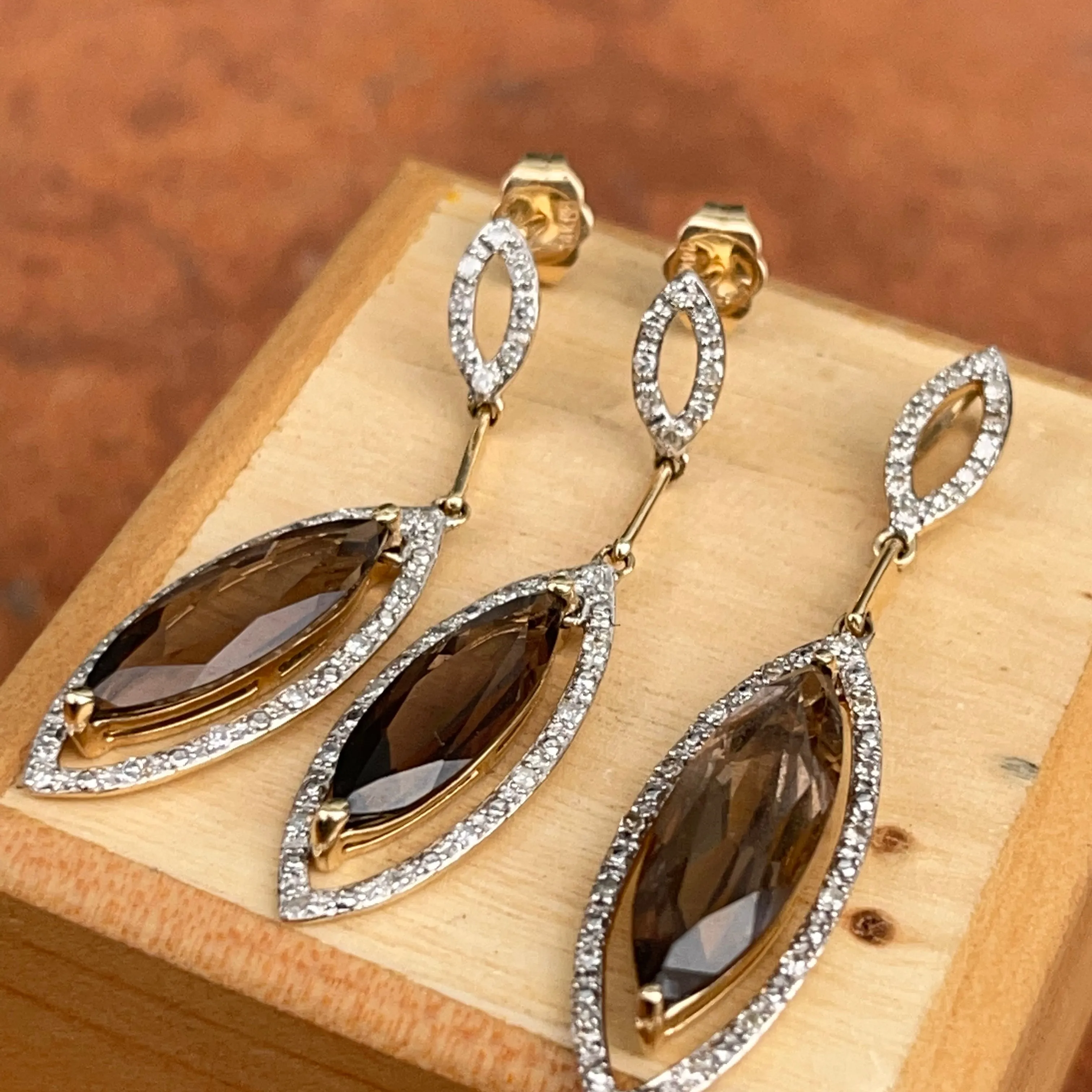 14KT White Gold   Yellow Gold Pave Diamond & Smokey Quartz Slide Pendant with Matching Earrings