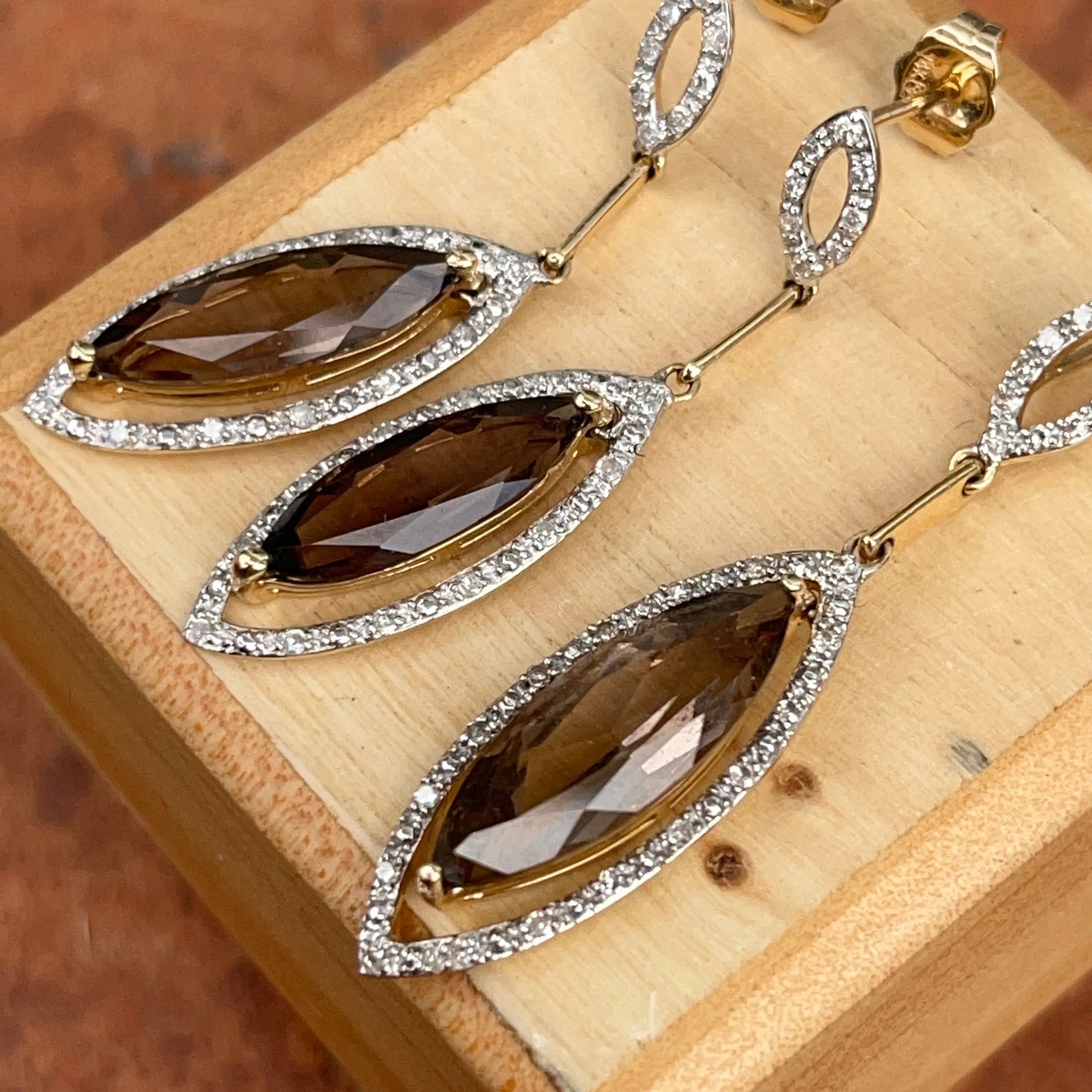 14KT White Gold   Yellow Gold Pave Diamond & Smokey Quartz Slide Pendant with Matching Earrings