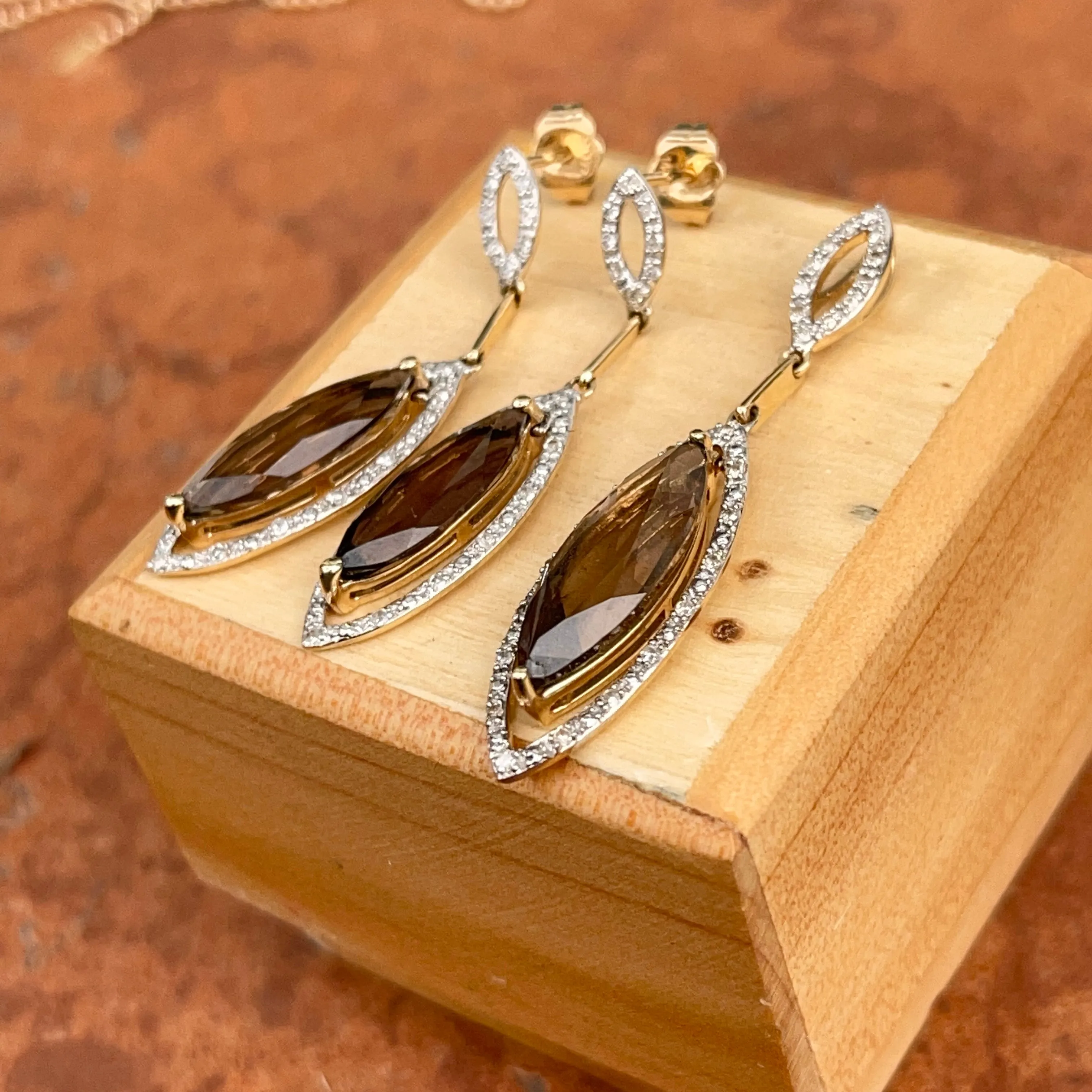 14KT White Gold   Yellow Gold Pave Diamond & Smokey Quartz Slide Pendant with Matching Earrings