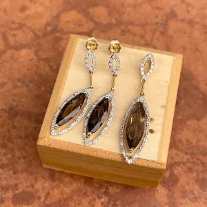 14KT White Gold   Yellow Gold Pave Diamond & Smokey Quartz Slide Pendant with Matching Earrings