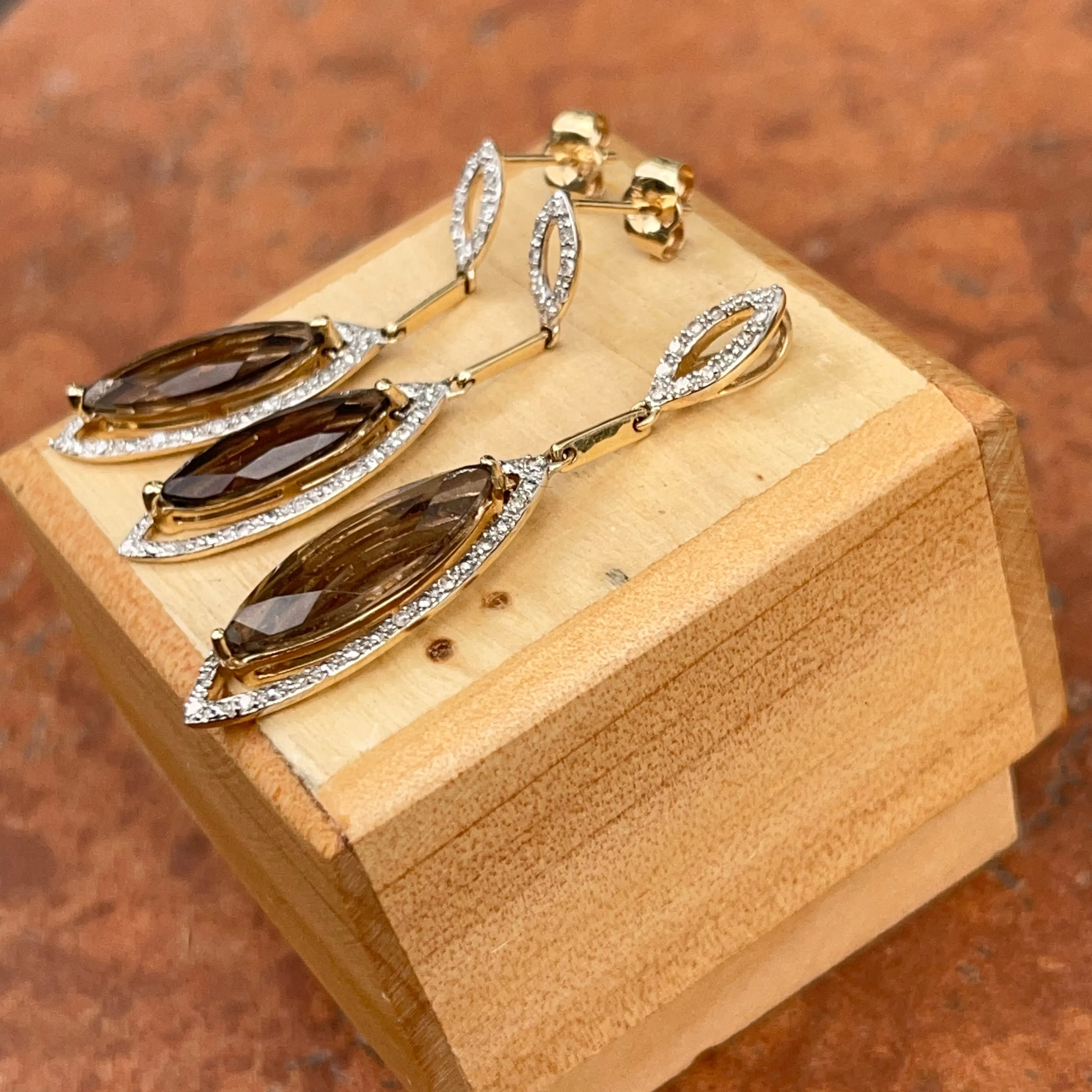 14KT White Gold   Yellow Gold Pave Diamond & Smokey Quartz Slide Pendant with Matching Earrings