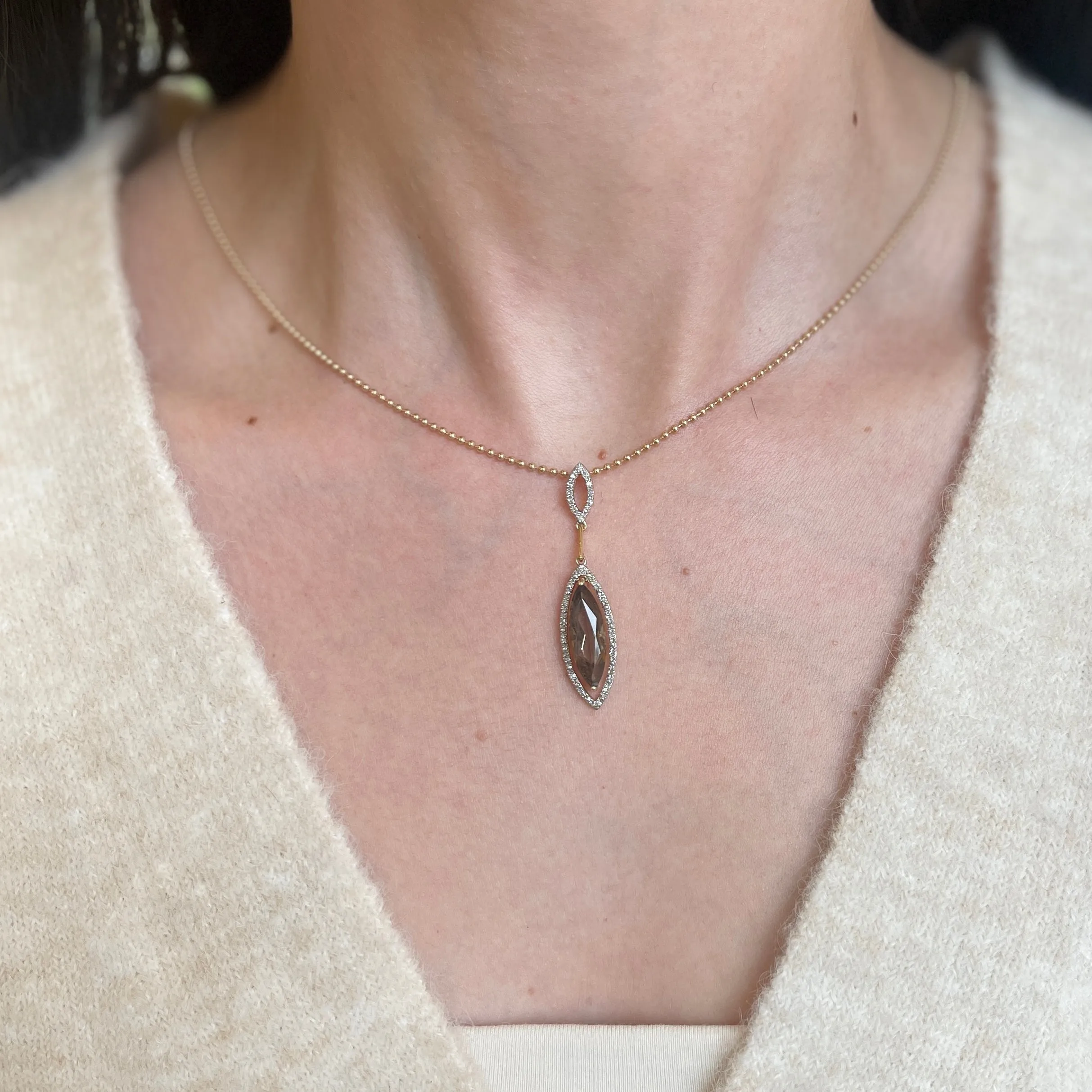14KT White Gold   Yellow Gold Pave Diamond & Smokey Quartz Slide Pendant with Matching Earrings