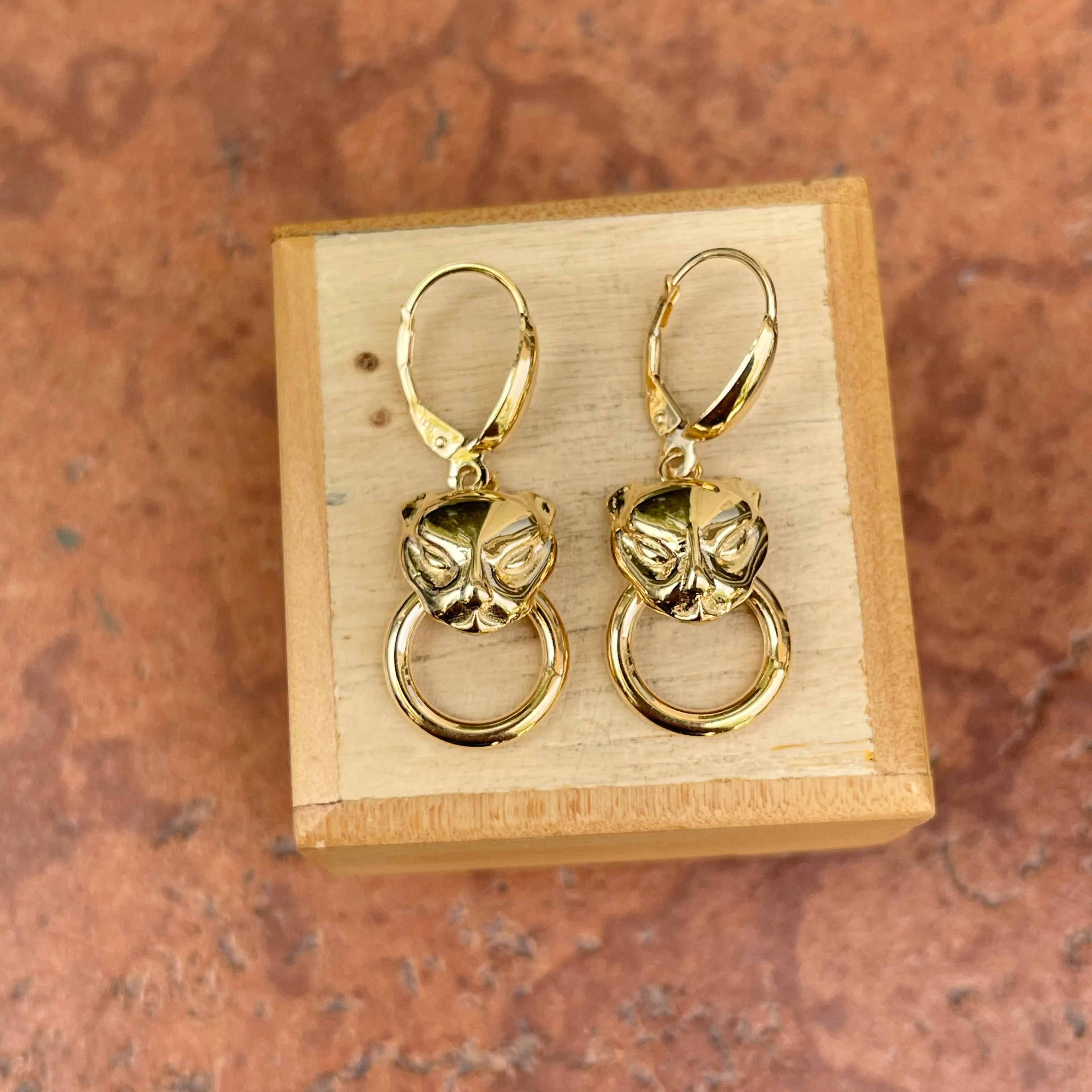 14KT Yellow Gold Panther Head   Ring Lever Back Earrings