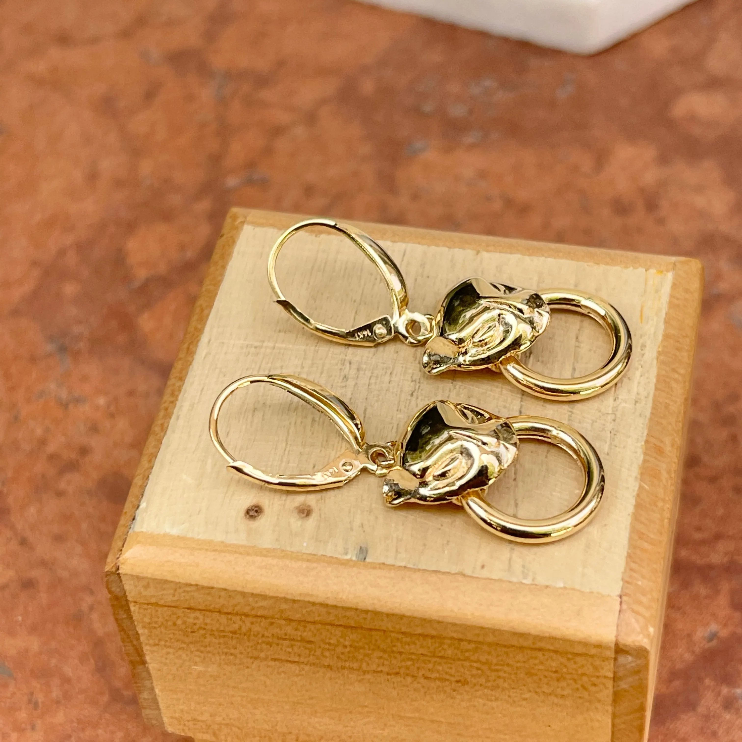 14KT Yellow Gold Panther Head   Ring Lever Back Earrings