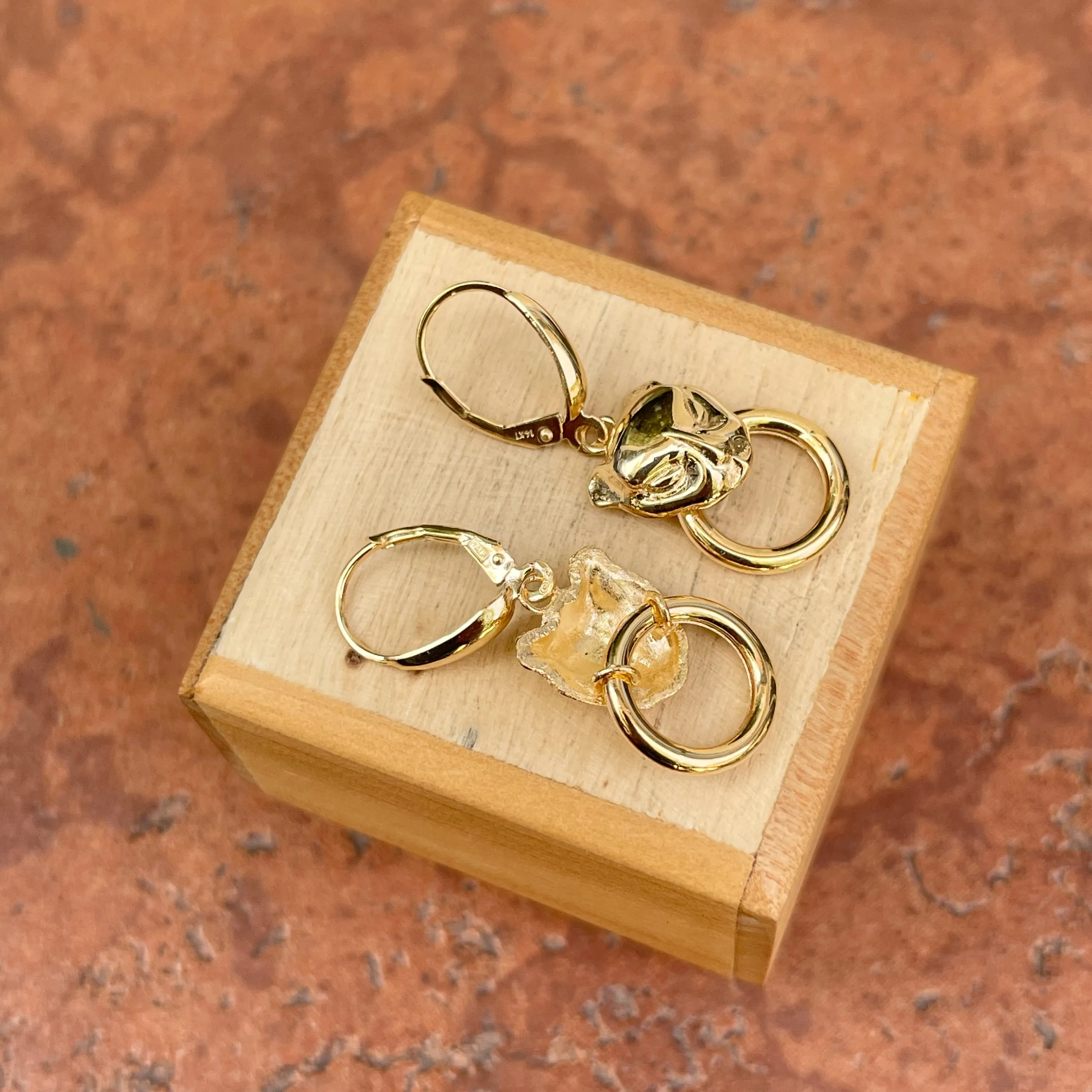 14KT Yellow Gold Panther Head   Ring Lever Back Earrings