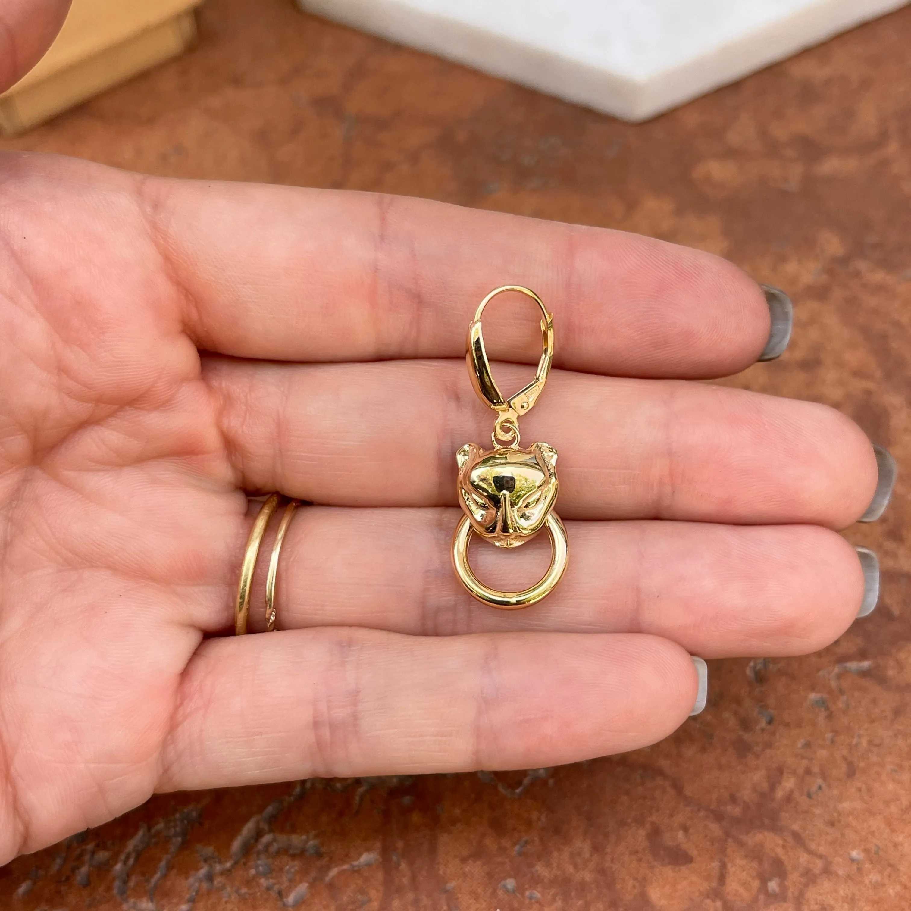 14KT Yellow Gold Panther Head   Ring Lever Back Earrings