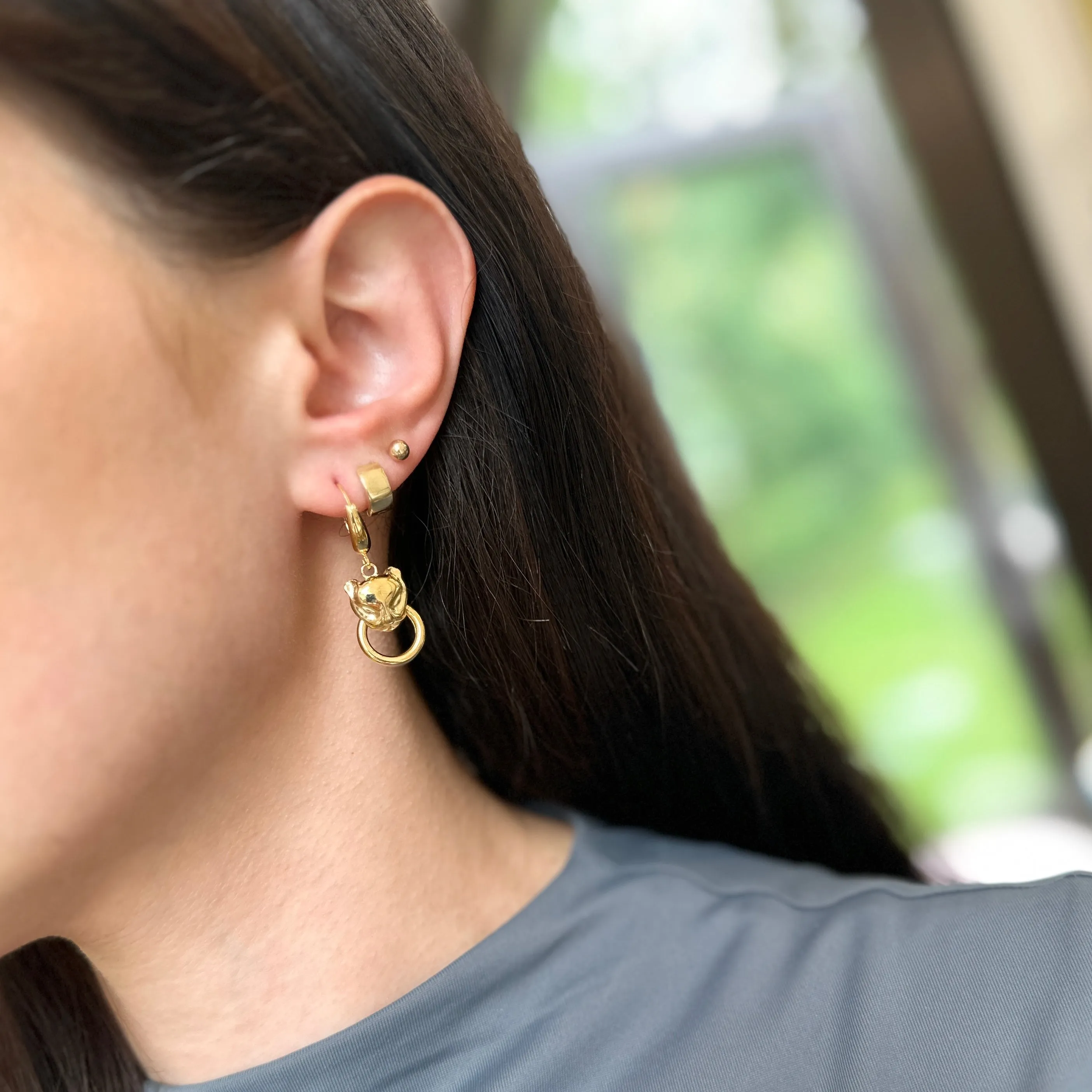 14KT Yellow Gold Panther Head   Ring Lever Back Earrings