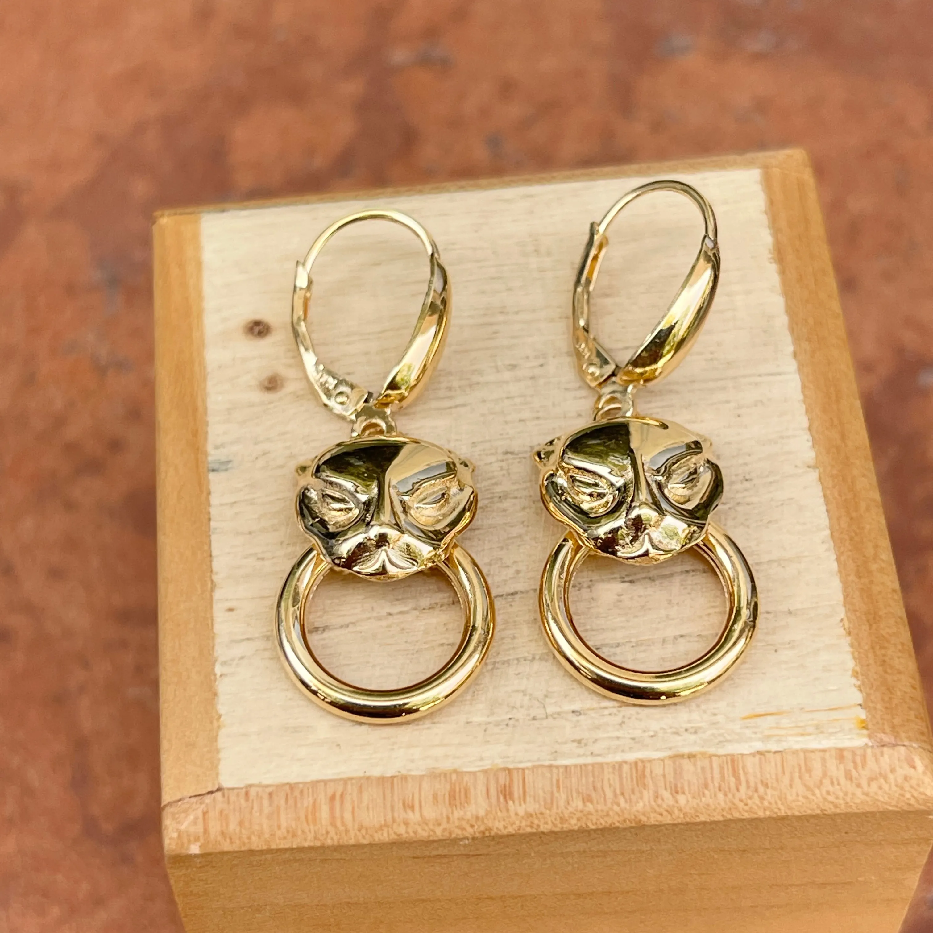 14KT Yellow Gold Panther Head   Ring Lever Back Earrings