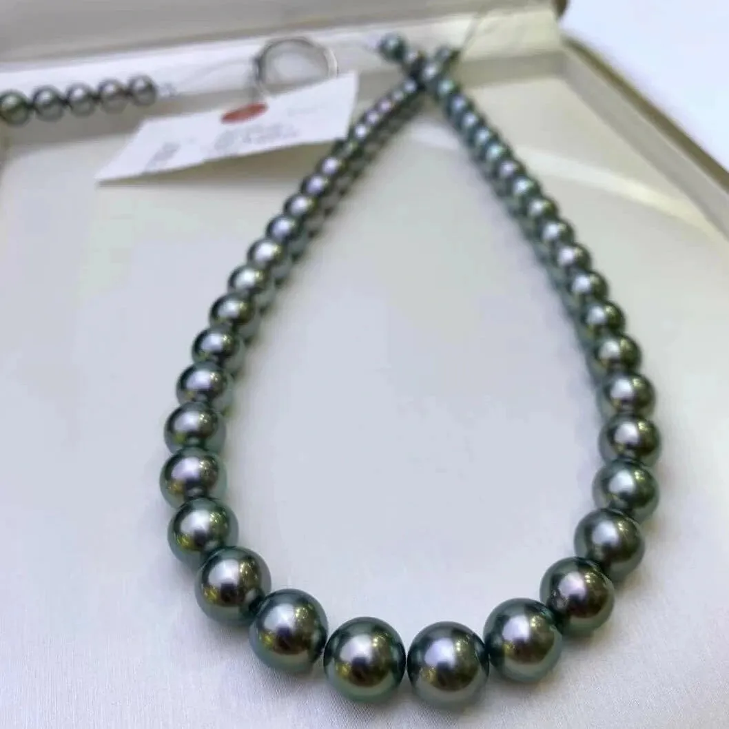 16 Inch Choker 8.0-10.0 mm Round Black Green Tahitian Pearl Necklace