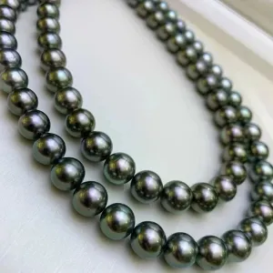 16 Inch Choker 8.0-10.0 mm Round Black Green Tahitian Pearl Necklace