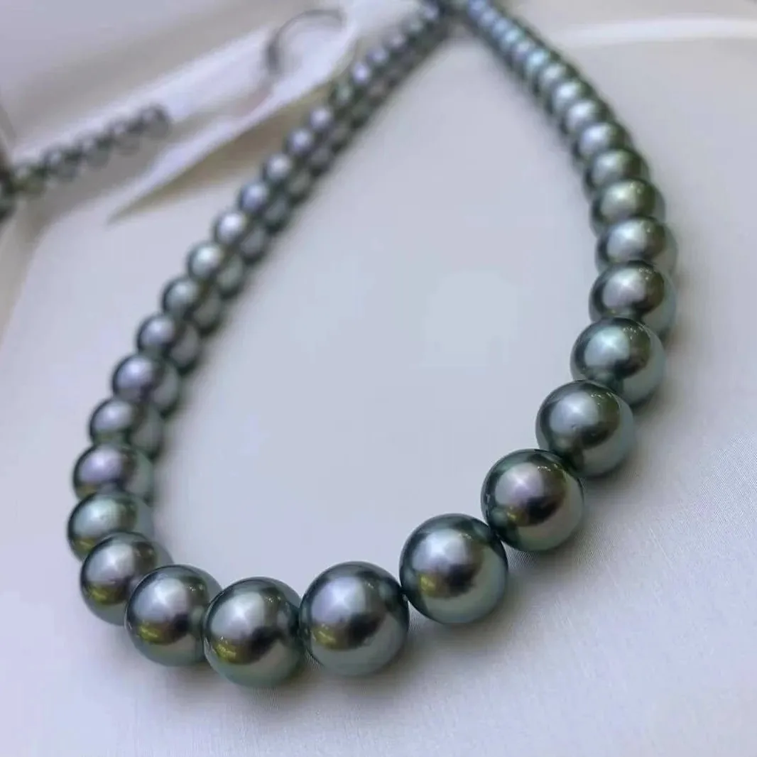 16 Inch Choker 8.0-10.0 mm Round Black Green Tahitian Pearl Necklace