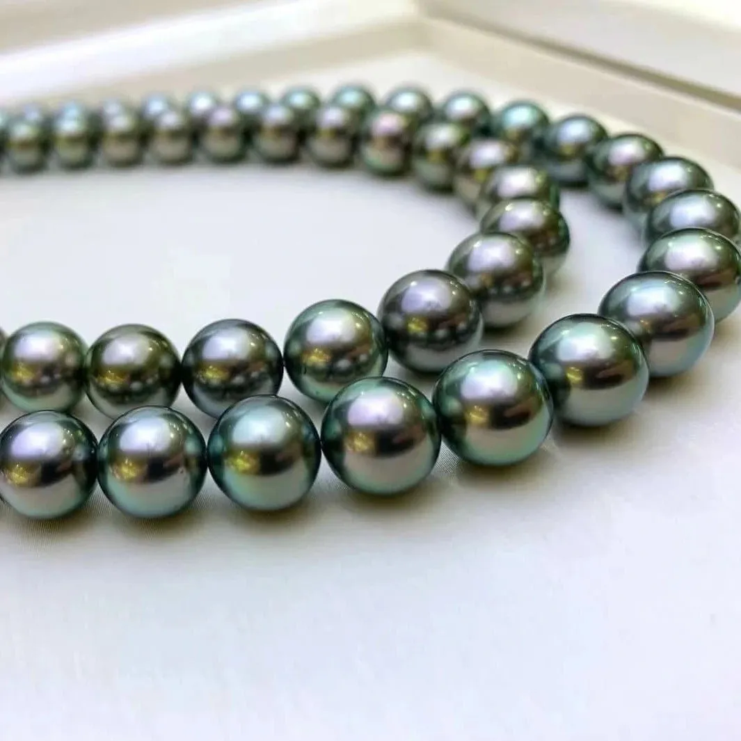 16 Inch Choker 8.0-10.0 mm Round Black Green Tahitian Pearl Necklace