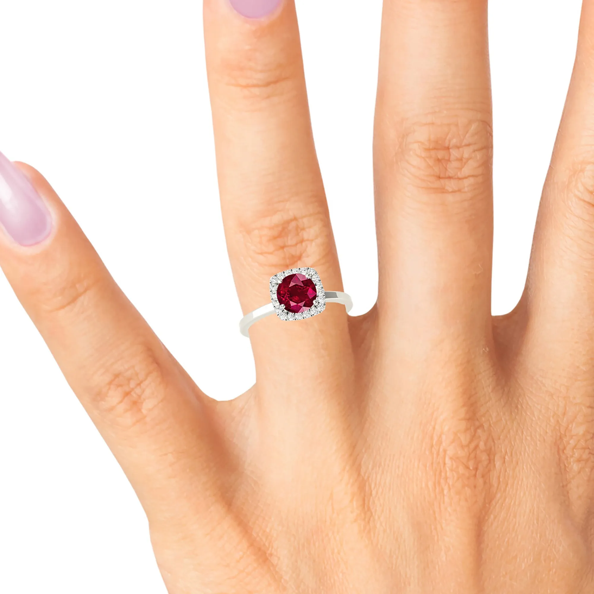 1.80 ct. Genuine Ruby Ring With Cushion Halo And Solid Gold Solitaire Band