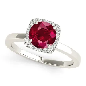 1.80 ct. Genuine Ruby Ring With Cushion Halo And Solid Gold Solitaire Band