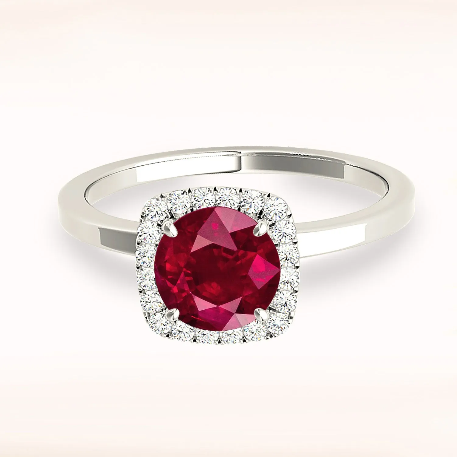 1.80 ct. Genuine Ruby Ring With Cushion Halo And Solid Gold Solitaire Band