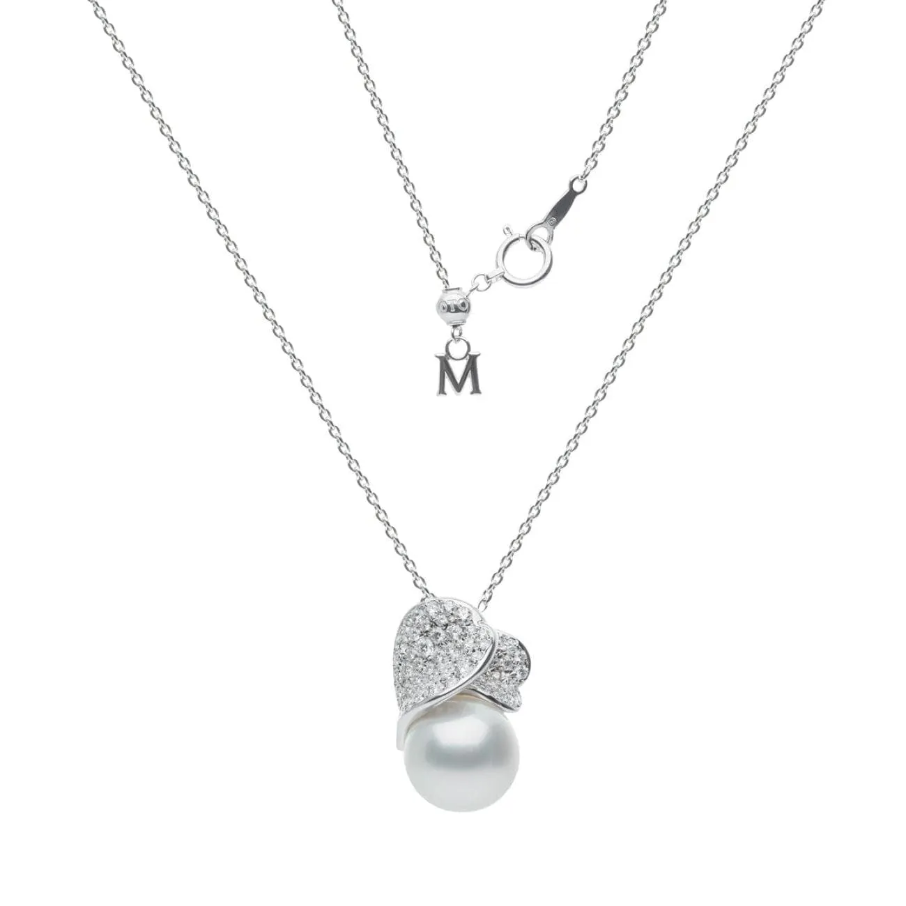 18K White Gold Akoya Cultured Pearl Drop With Diamond Pave Necklace