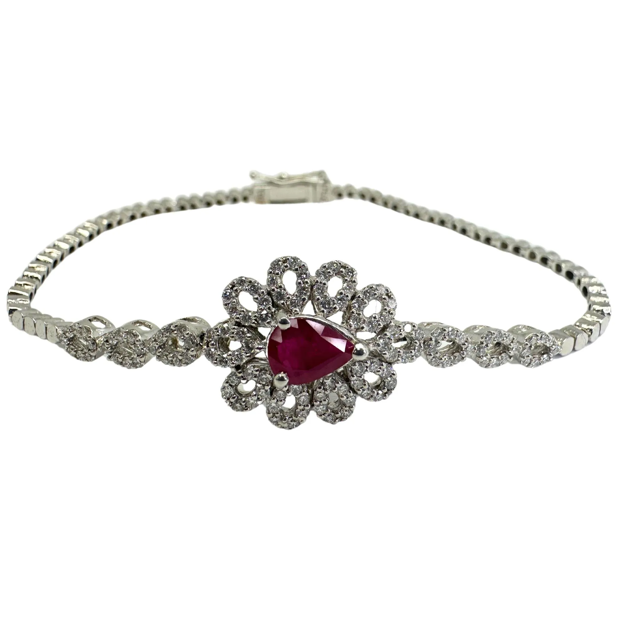 18K White Gold Diamond and Pear Shaped Ruby Bracelet