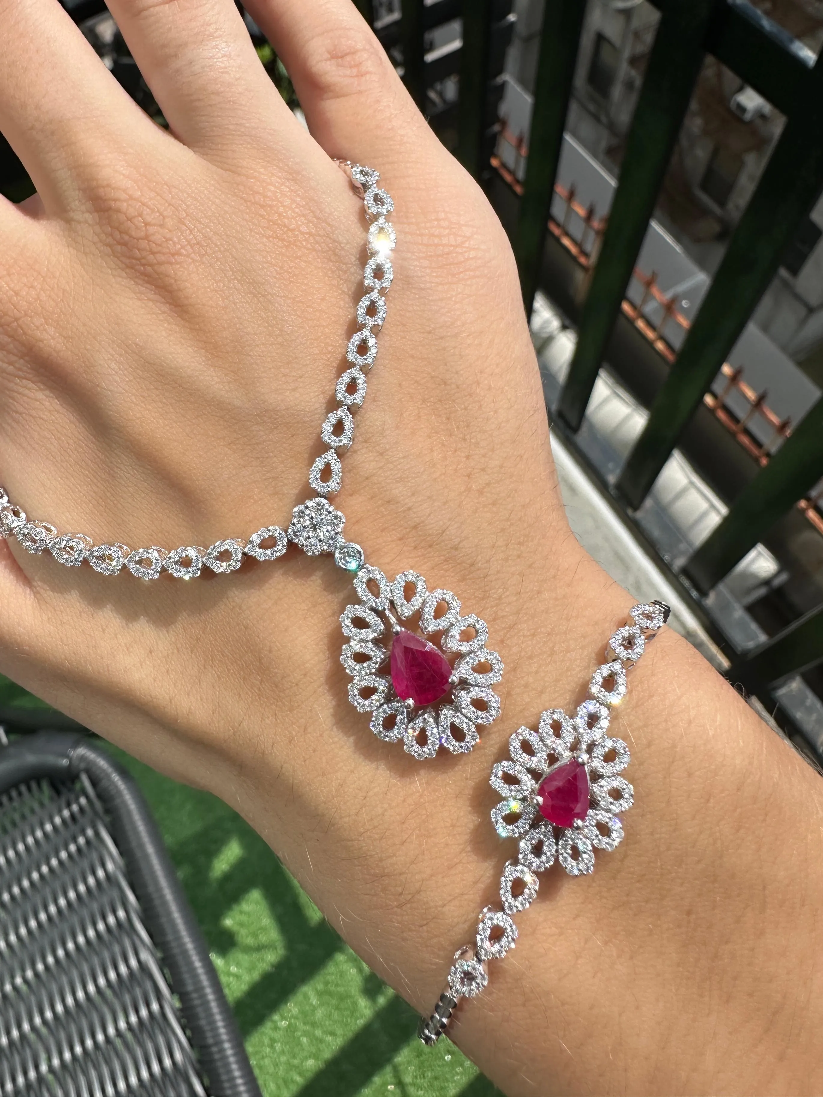 18K White Gold Diamond and Pear Shaped Ruby Bracelet