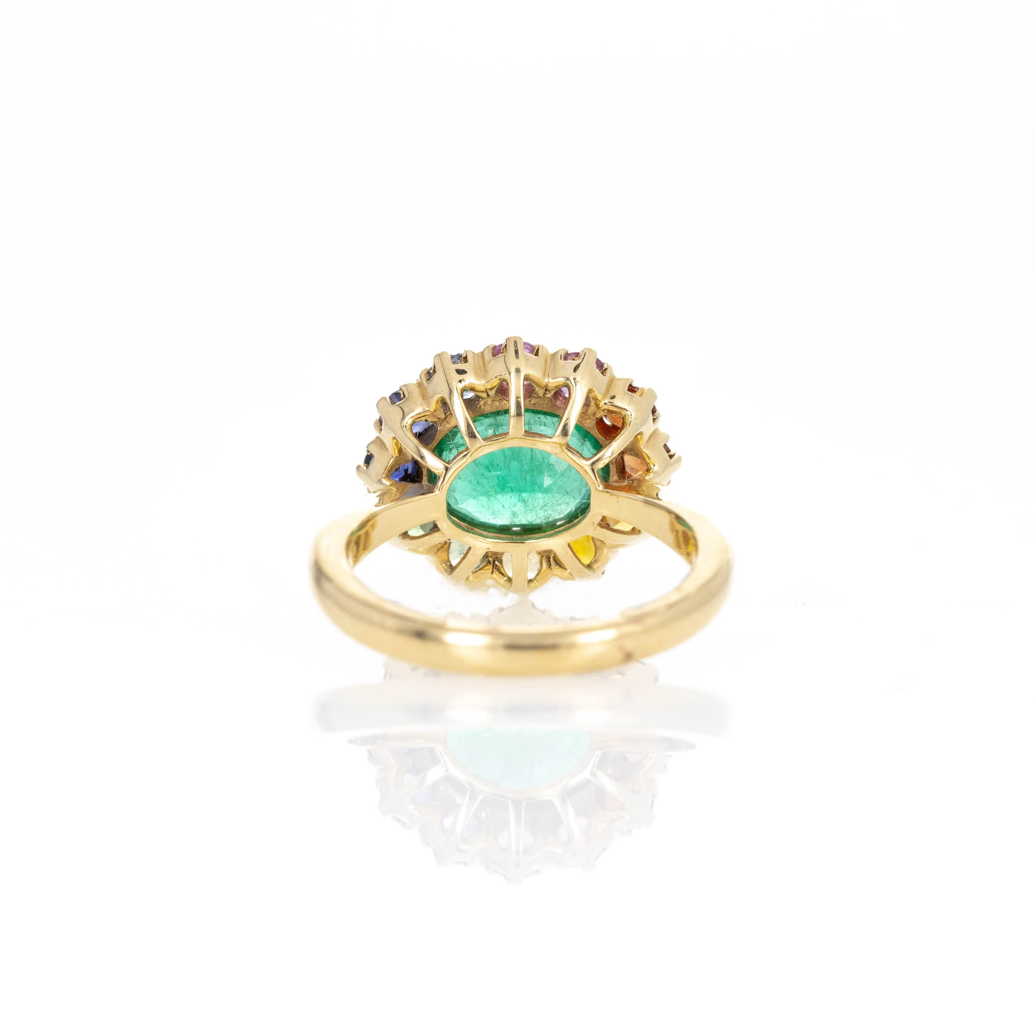 18K Yellow Gold 1.92 Carat Emerald Multi-Color Sapphire Halo Ring