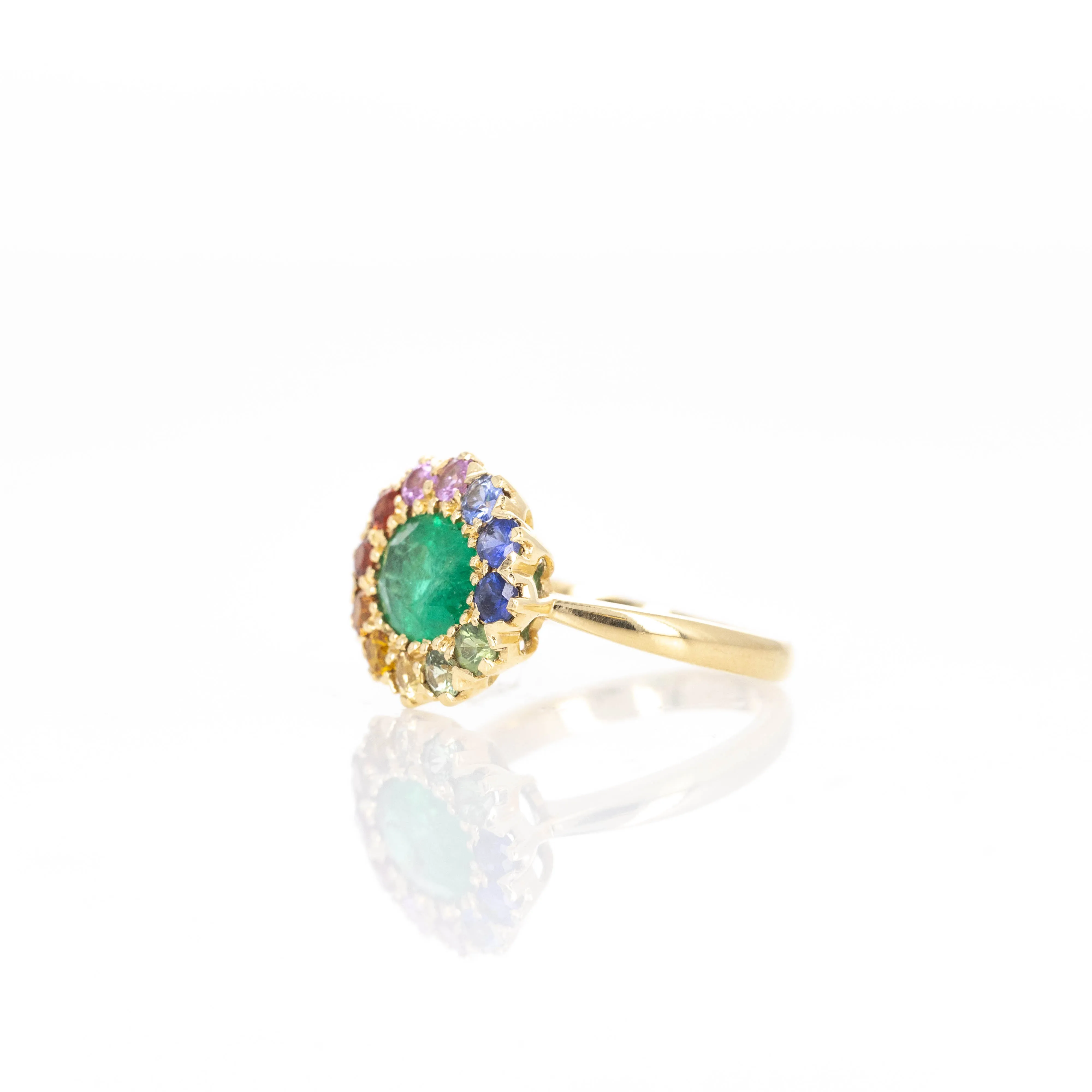 18K Yellow Gold 1.92 Carat Emerald Multi-Color Sapphire Halo Ring