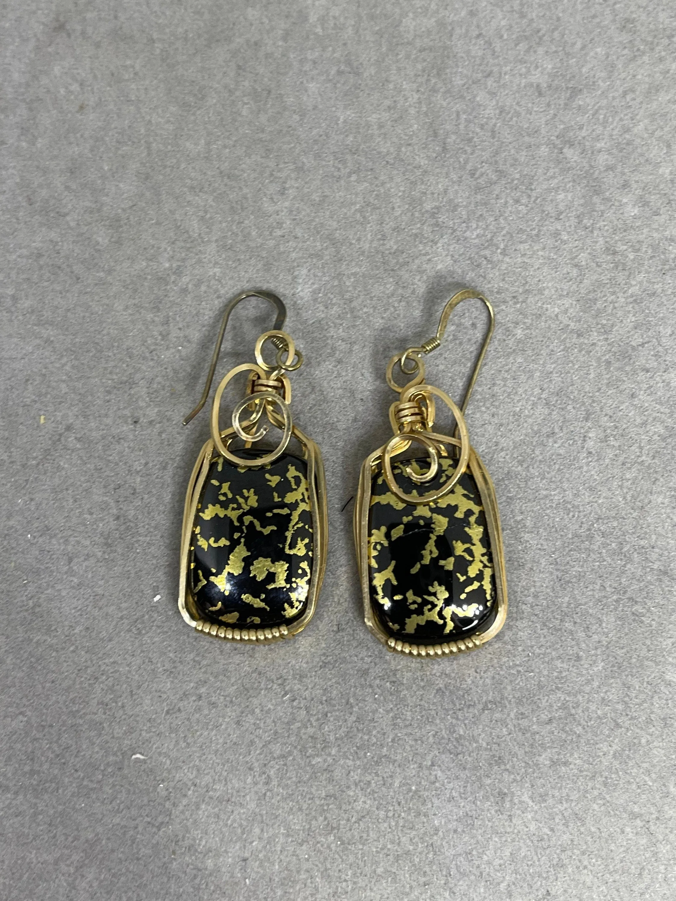 24K Black Jade 14K GF Wire Wrapped Dangle Earrings