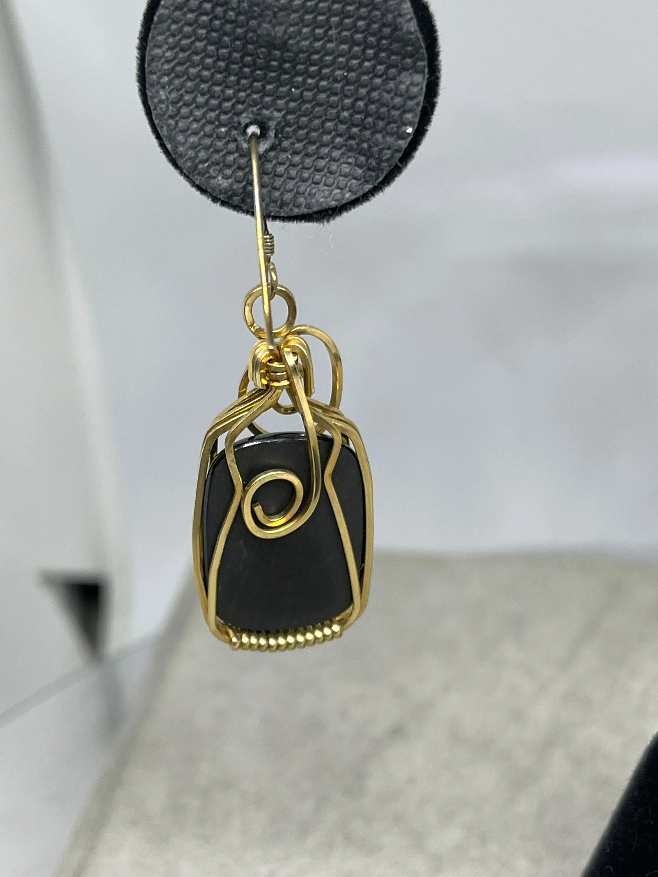 24K Black Jade 14K GF Wire Wrapped Dangle Earrings