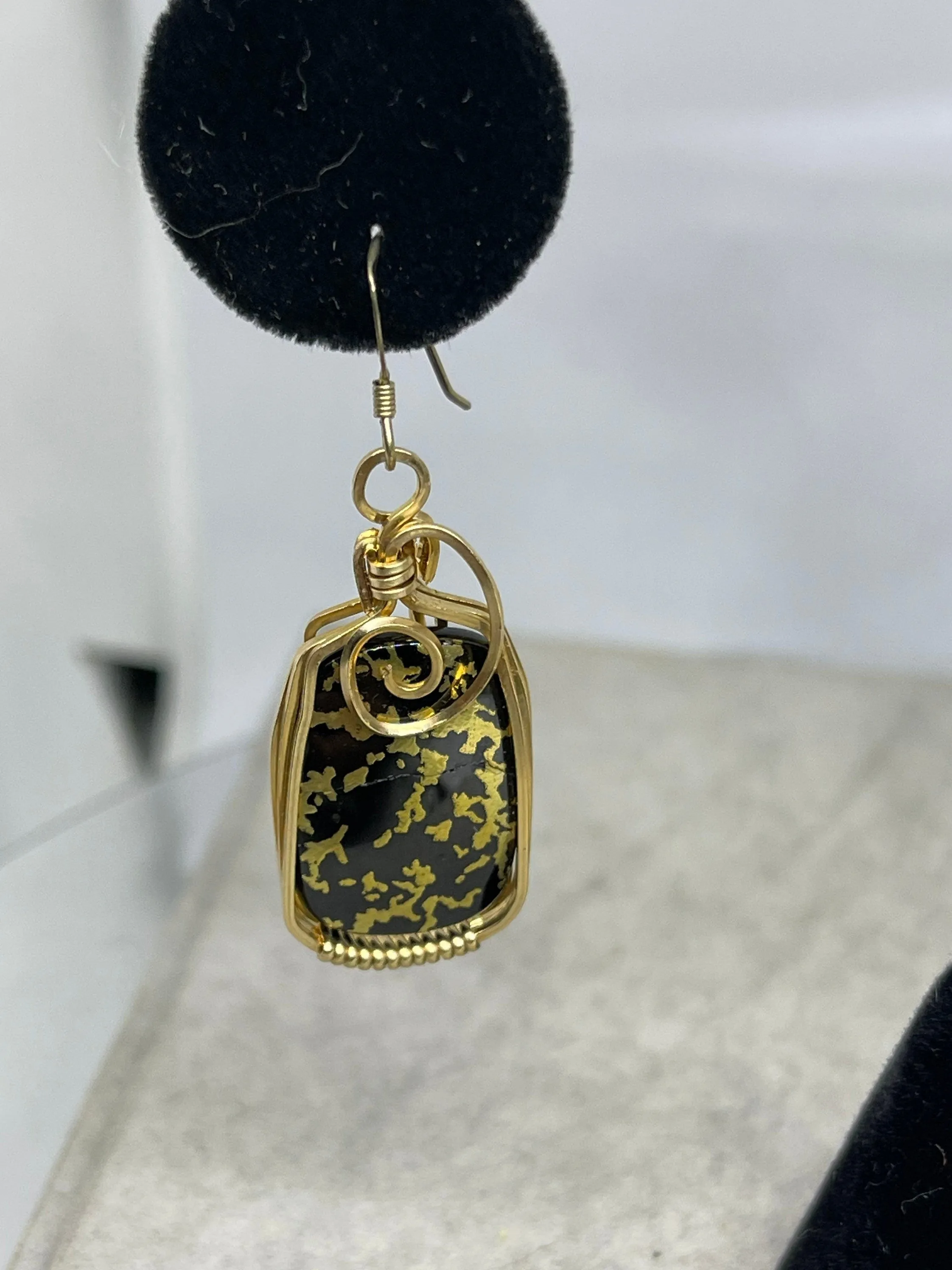 24K Black Jade 14K GF Wire Wrapped Dangle Earrings