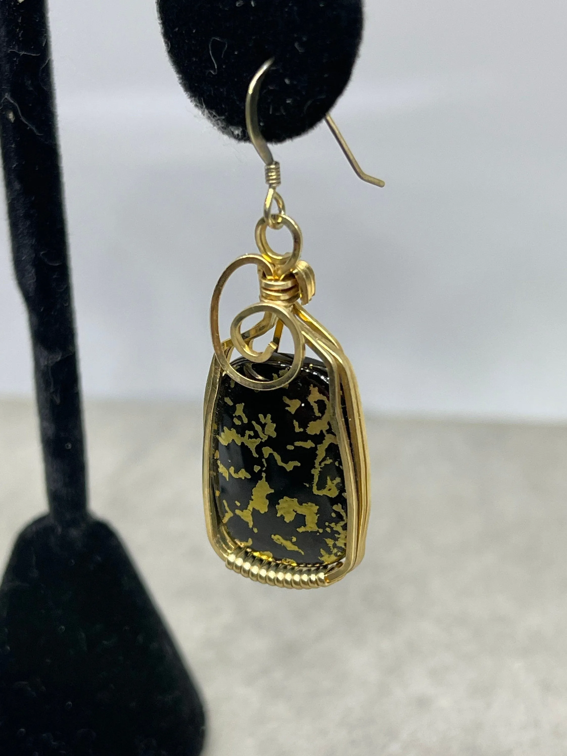 24K Black Jade 14K GF Wire Wrapped Dangle Earrings