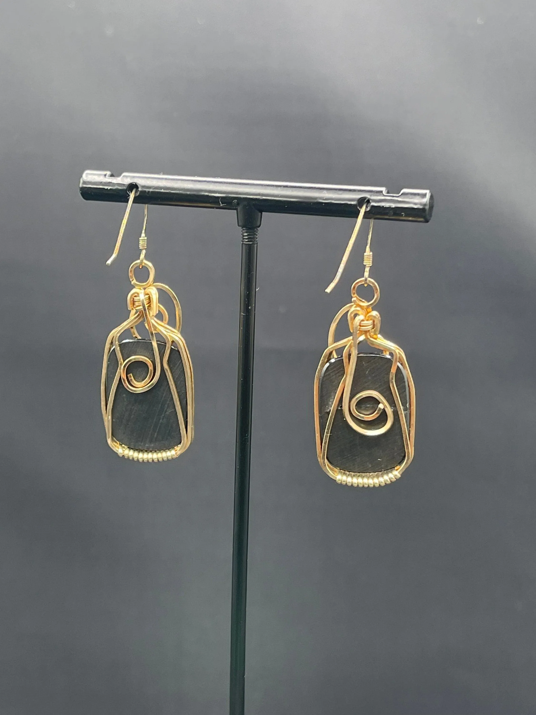 24K Black Jade 14K GF Wire Wrapped Dangle Earrings