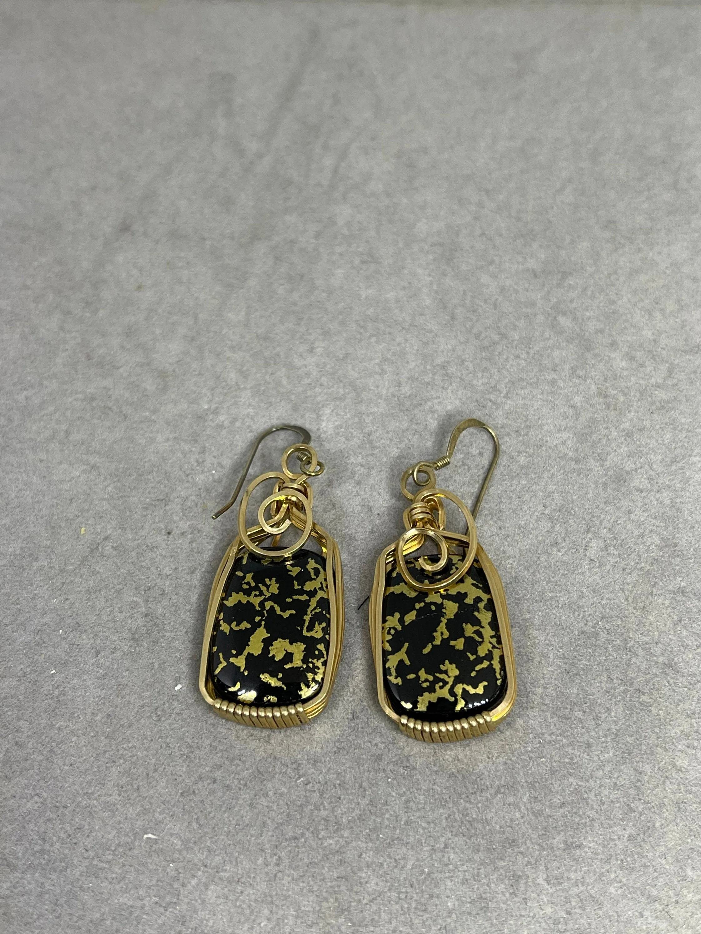 24K Black Jade 14K GF Wire Wrapped Dangle Earrings