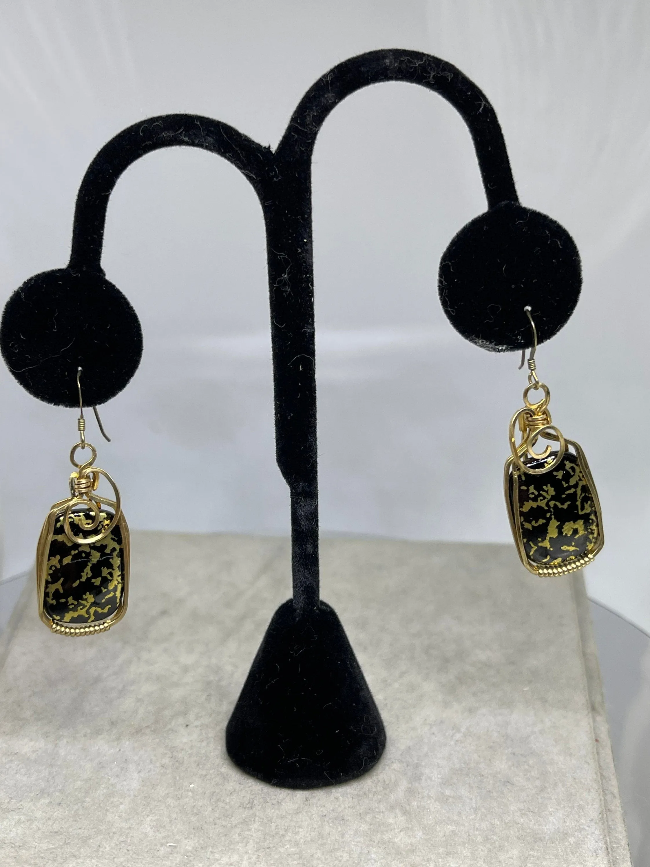 24K Black Jade 14K GF Wire Wrapped Dangle Earrings