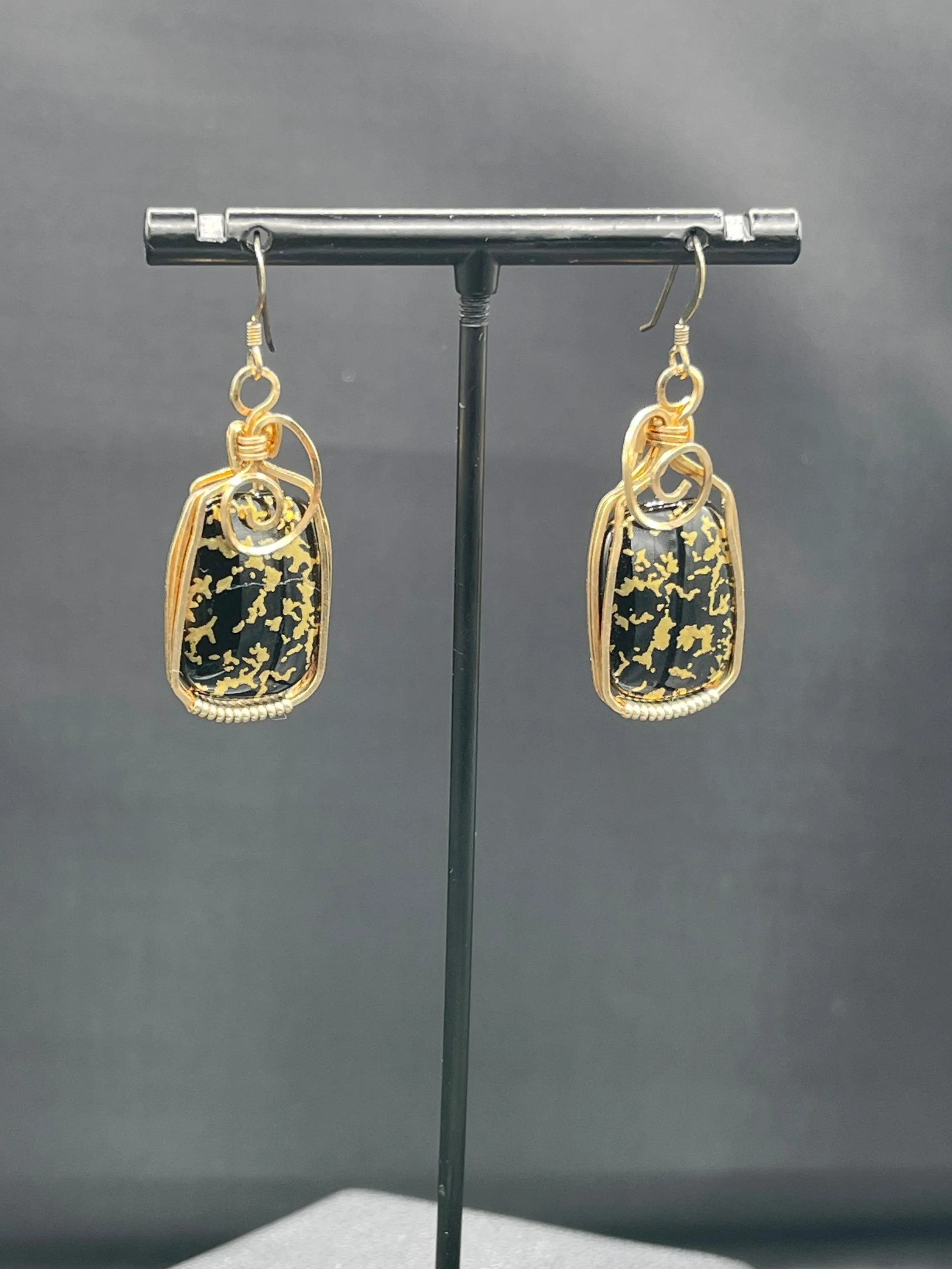 24K Black Jade 14K GF Wire Wrapped Dangle Earrings