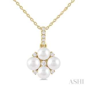 4 MM Floral Round Shape Cultured Pearl and 1/10 ctw Round Cut Diamond Fashion Pendant With Chain in 10K Yellow Gold