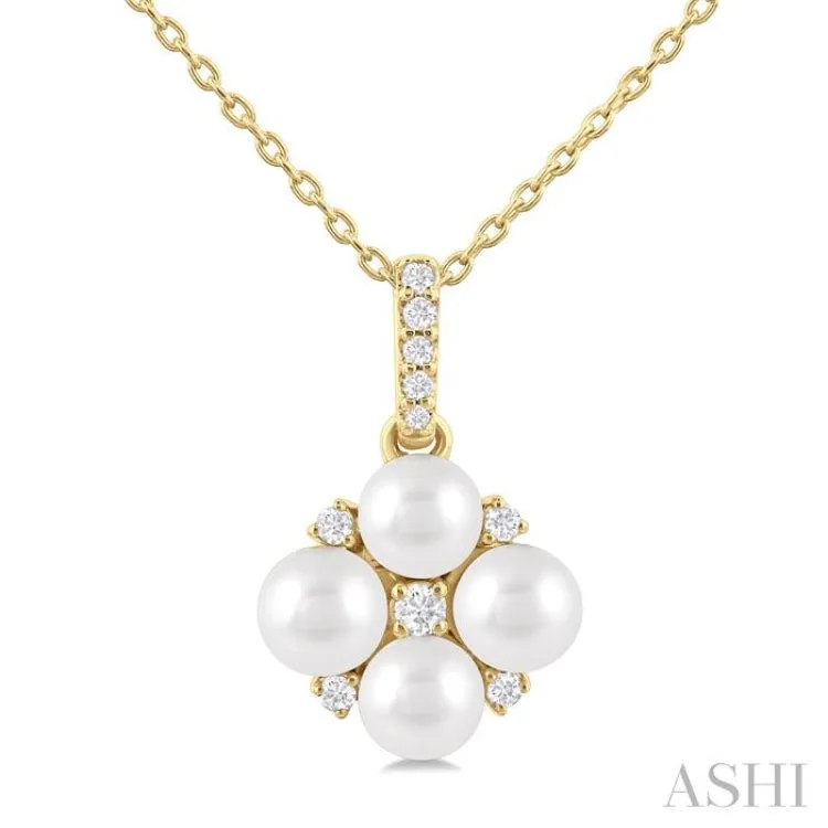 4 MM Floral Round Shape Cultured Pearl and 1/10 ctw Round Cut Diamond Fashion Pendant With Chain in 10K Yellow Gold