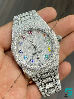 41mm Fully Diamond Studded Automatic Colorful Arabic Number Moissanite Watch