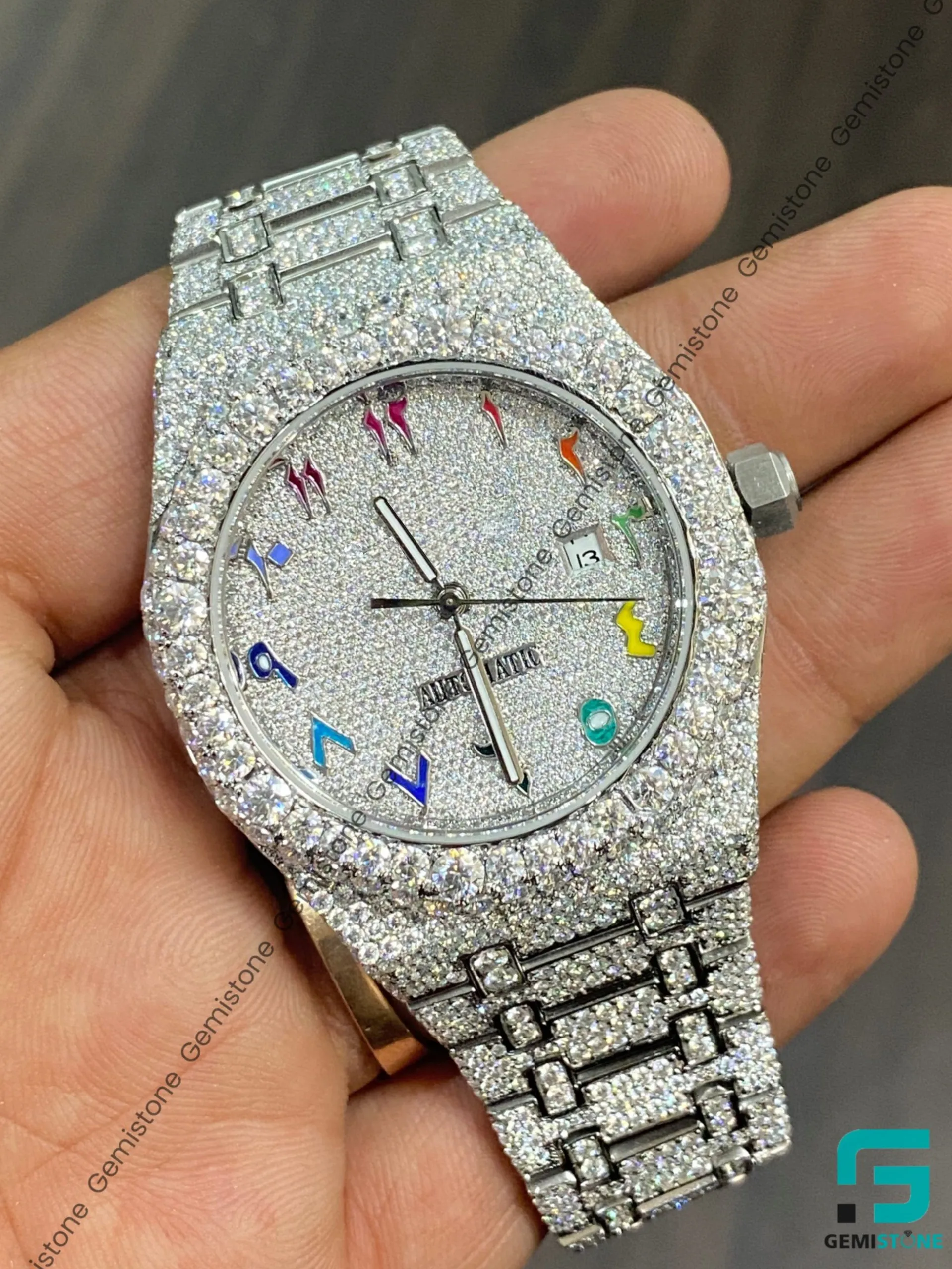 41mm Fully Diamond Studded Automatic Colorful Arabic Number Moissanite Watch