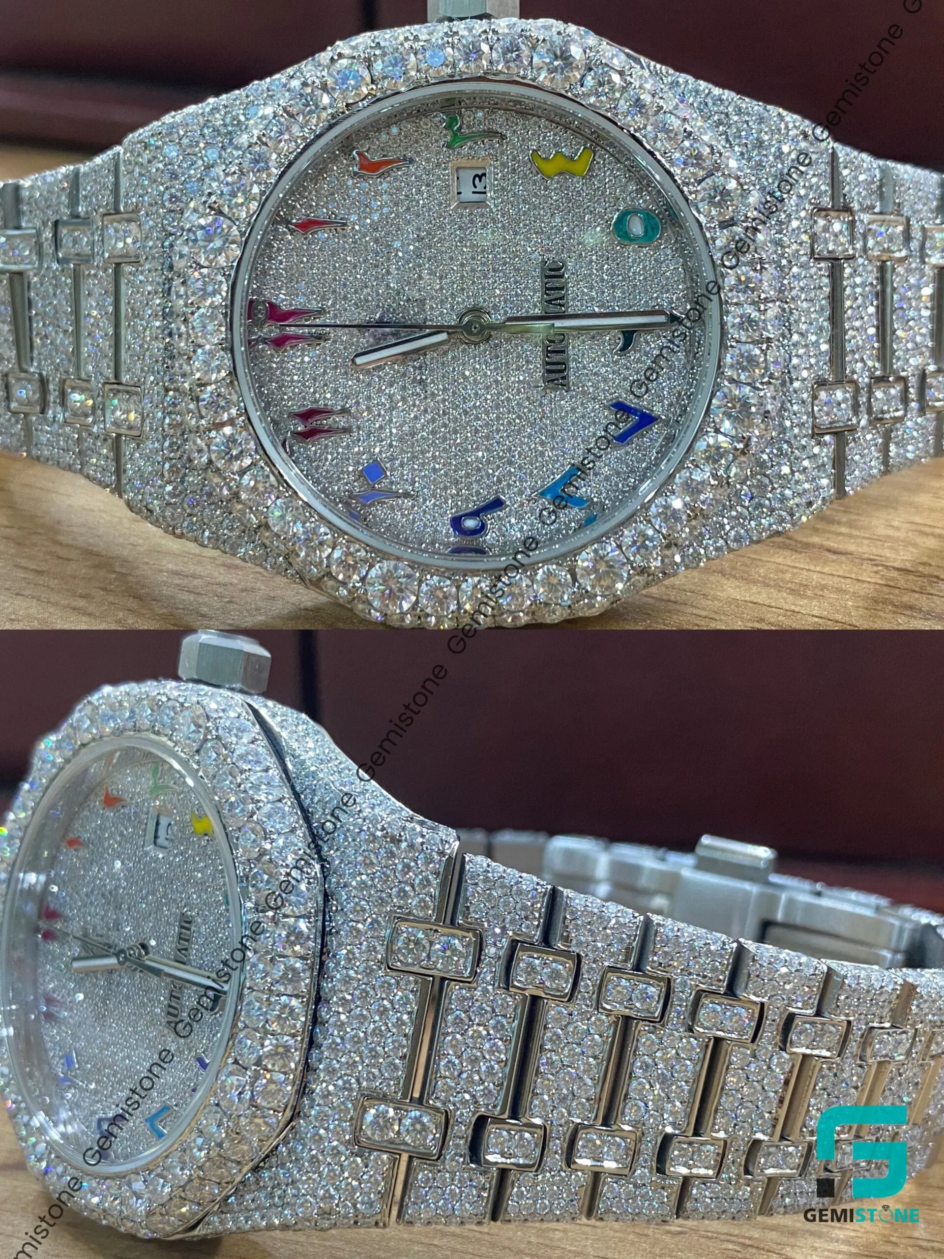 41mm Fully Diamond Studded Automatic Colorful Arabic Number Moissanite Watch
