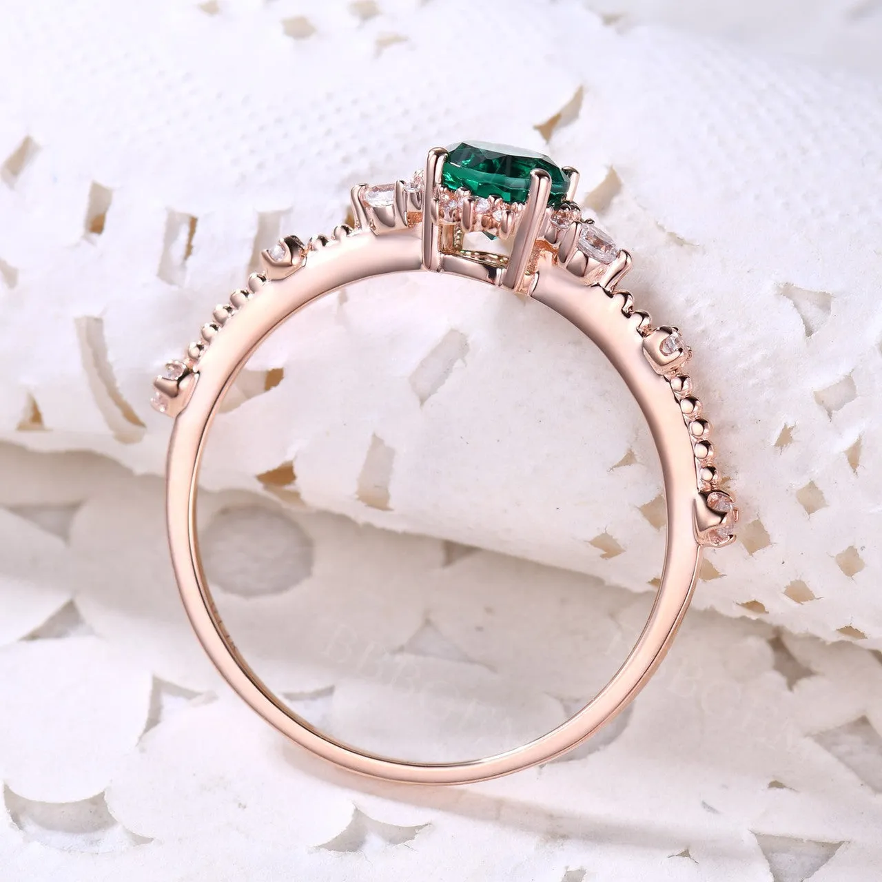 5mm Dainty Round Cut Emerald Engagement Ring Diamond Wedding Band Rose Gold