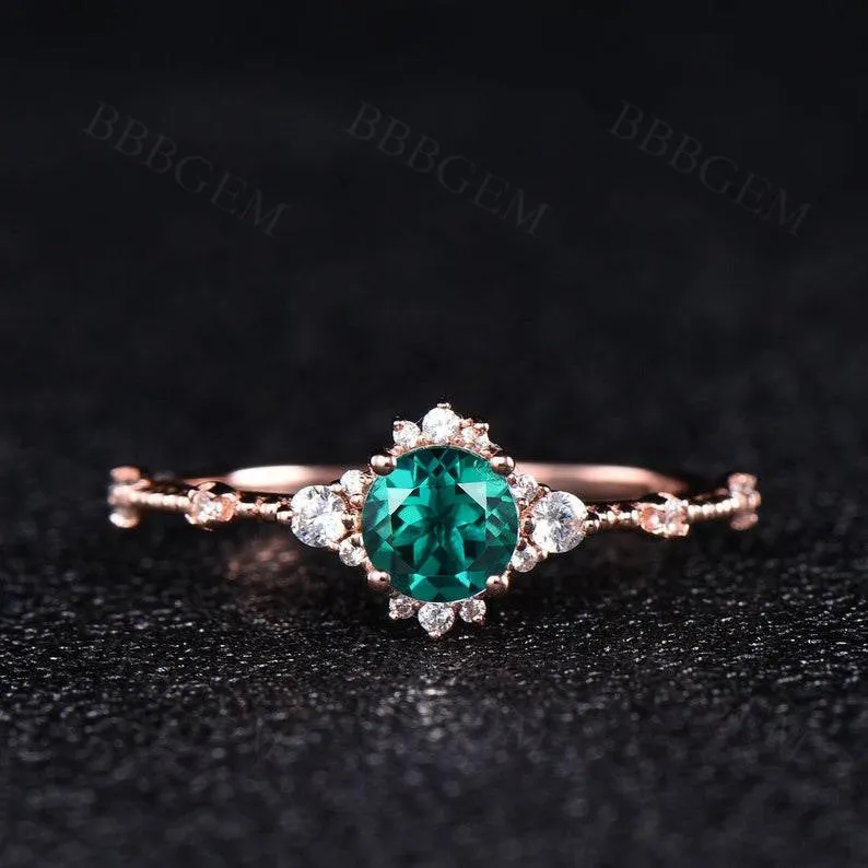 5mm Dainty Round Cut Emerald Engagement Ring Diamond Wedding Band Rose Gold