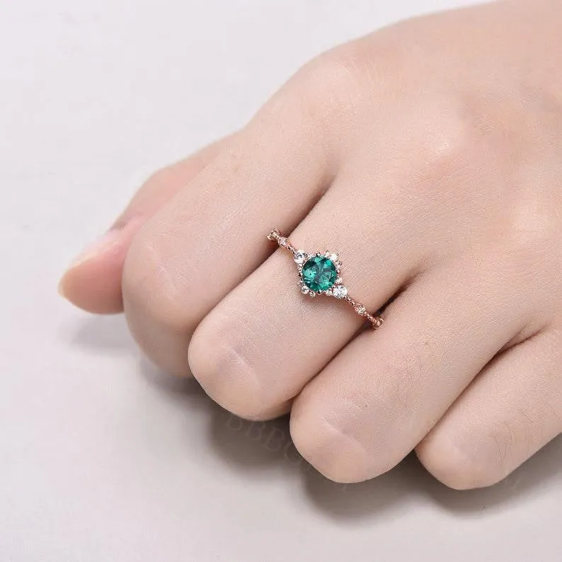 5mm Dainty Round Cut Emerald Engagement Ring Diamond Wedding Band Rose Gold
