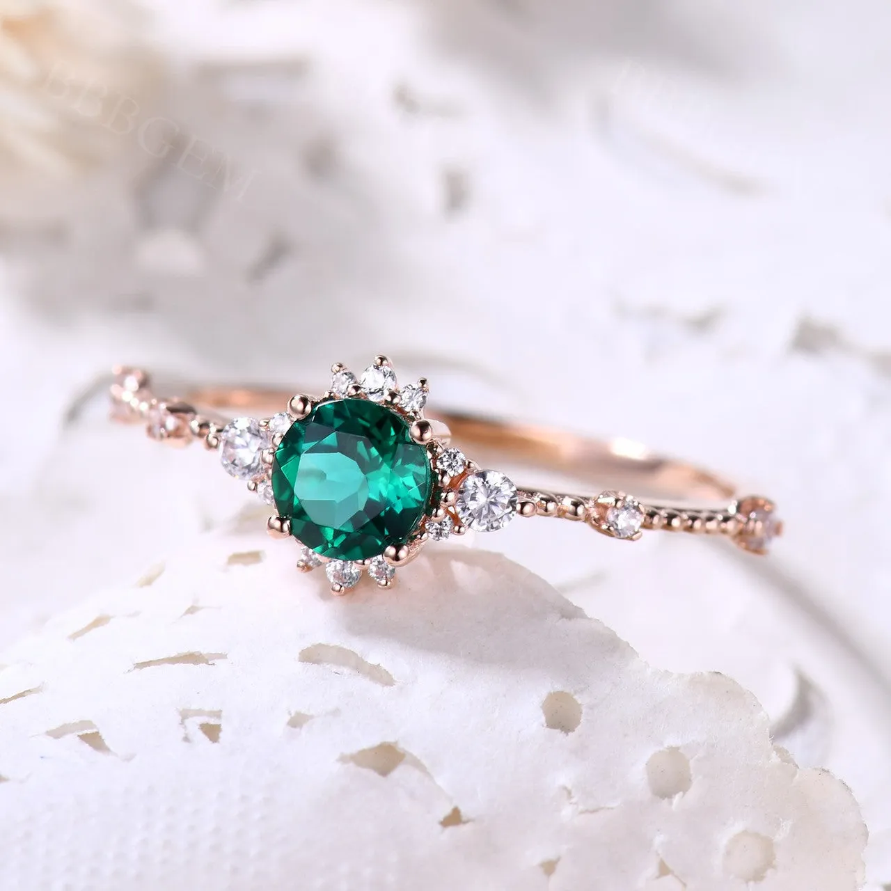 5mm Dainty Round Cut Emerald Engagement Ring Diamond Wedding Band Rose Gold