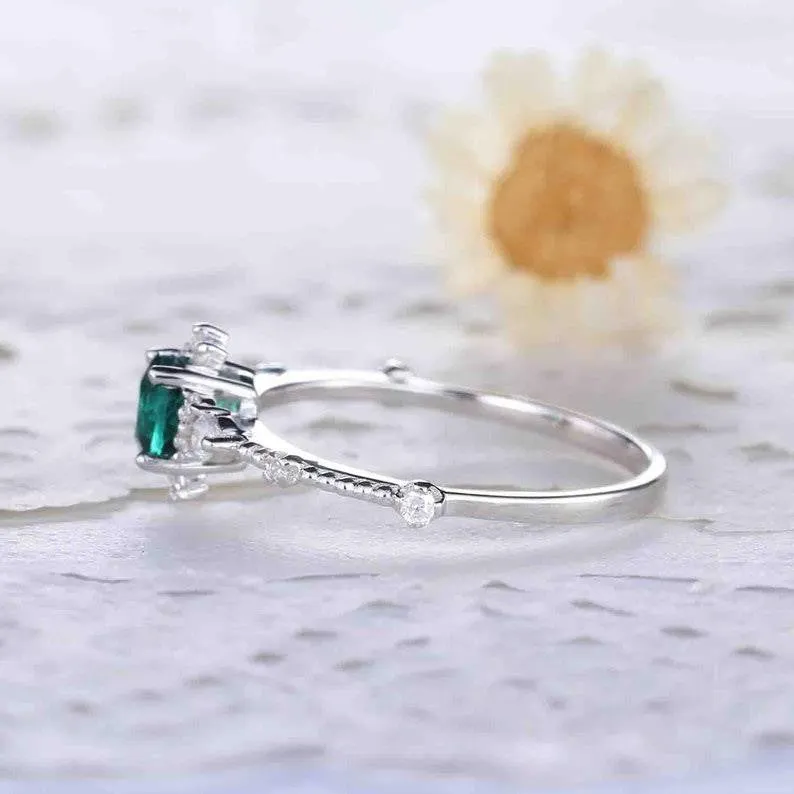 5mm Dainty Round Cut Emerald Engagement Ring Diamond Wedding Band Rose Gold