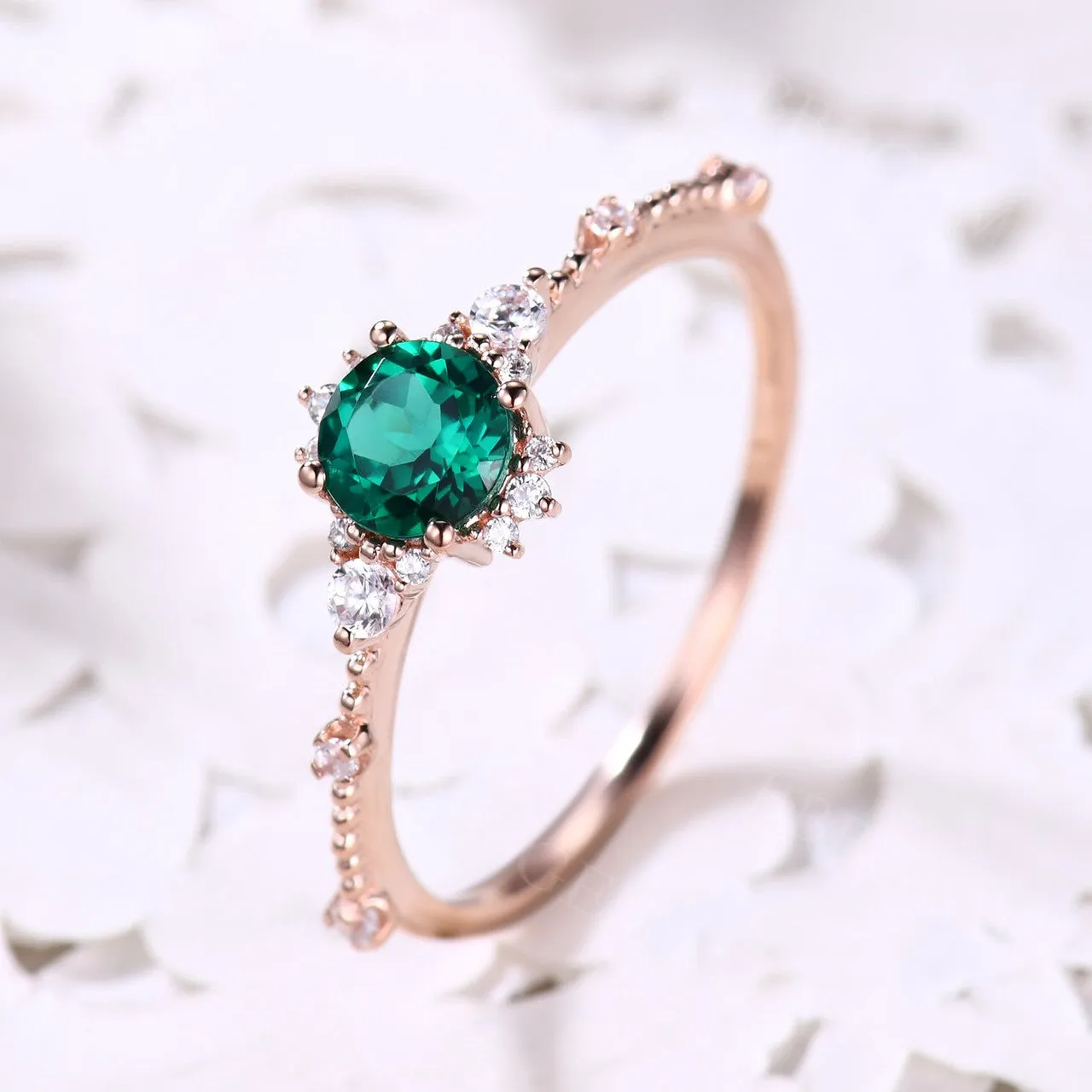 5mm Dainty Round Cut Emerald Engagement Ring Diamond Wedding Band Rose Gold