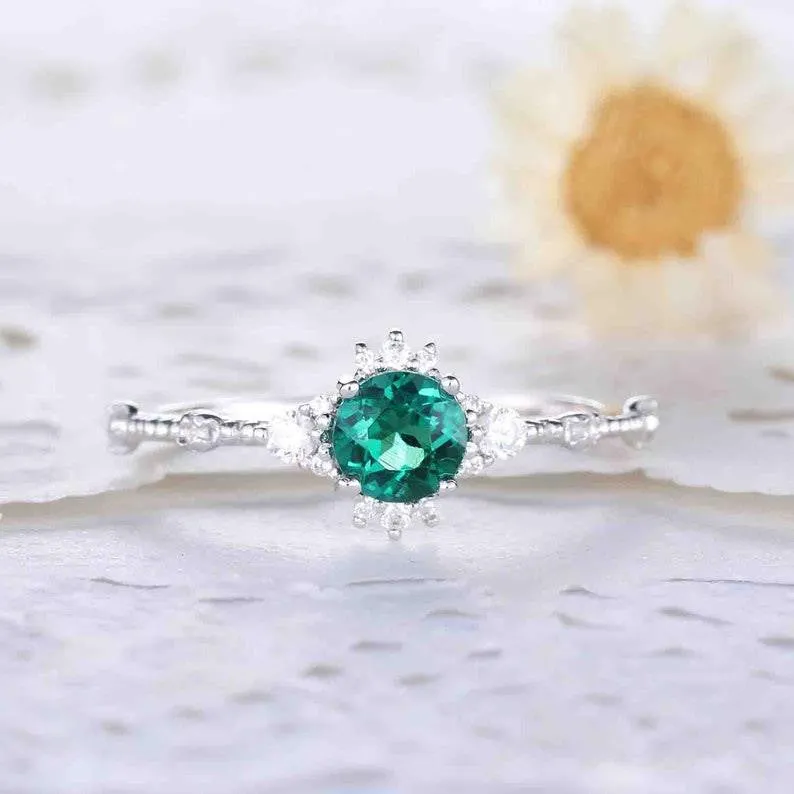 5mm Dainty Round Cut Emerald Engagement Ring Diamond Wedding Band Rose Gold